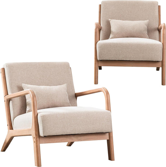 INZOY Mid-Century Modern Accent Chair Set of 2, Upholstered Living Room Chairs with Waist Cushion, Reading Armchair for Bedroom Sunroom