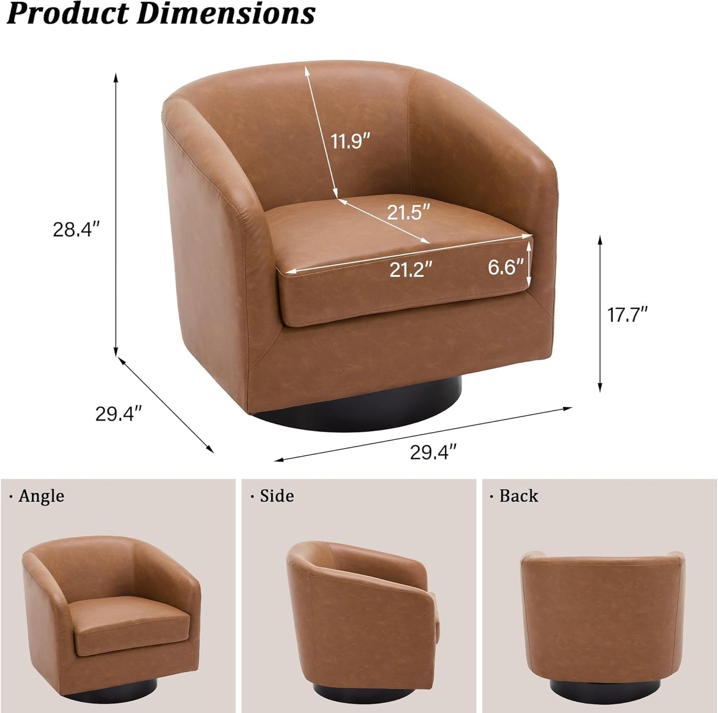 Swivel Barrel Accent Chair, Modern Round Faux Leather Arm Chair for Living Room, Bedroom, Comfy Club Reading Chairs for Adults(Faux Leather, Brown, Set of 4)