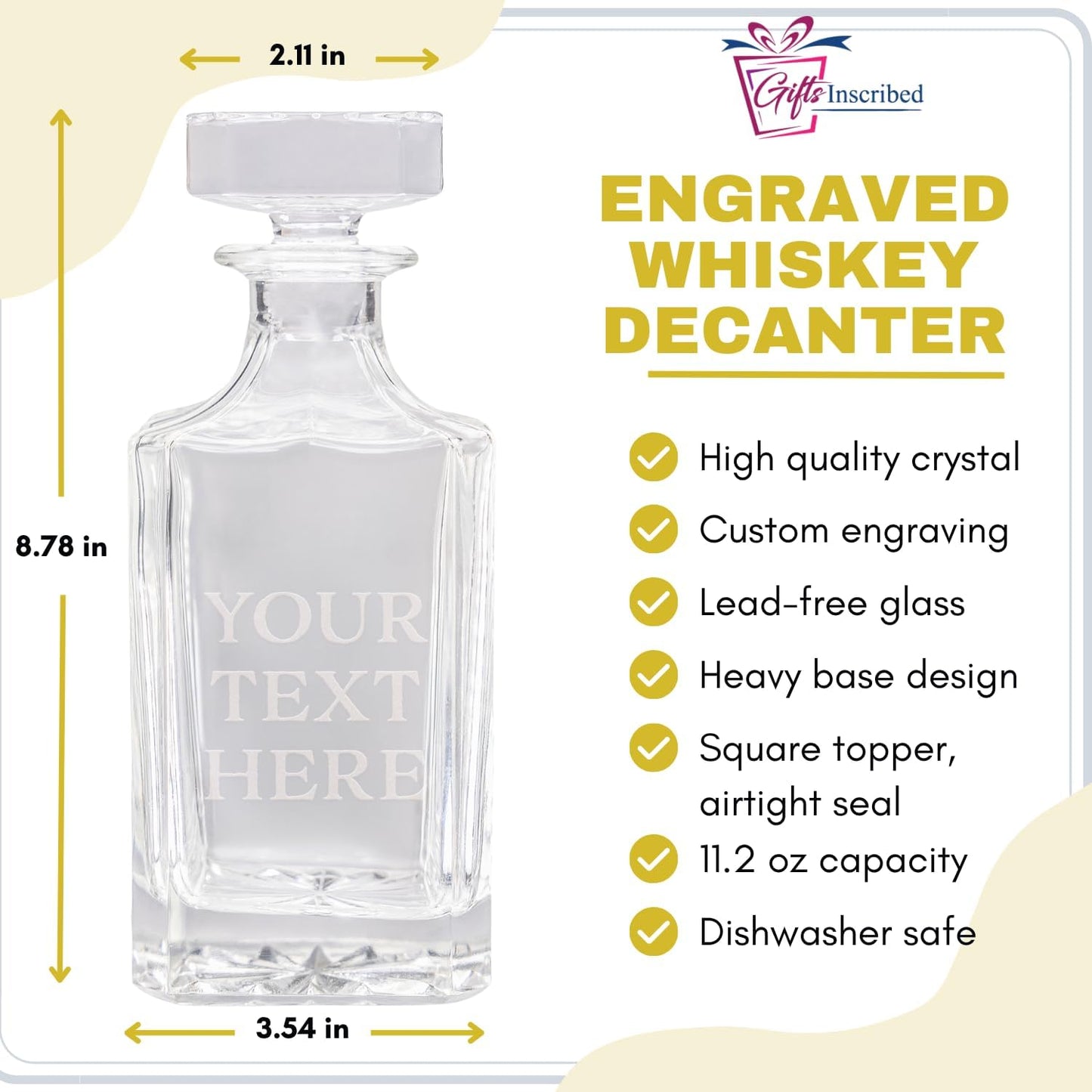 Gifts Inscribed Custom Text Whiskey Decanter Bottle (750 ml) - Personalized Font Glass Liquor Decanter Set - Customized Glassware - Engraved Whisky Glassware Gift for Wedding Anniversary Birthday Dad