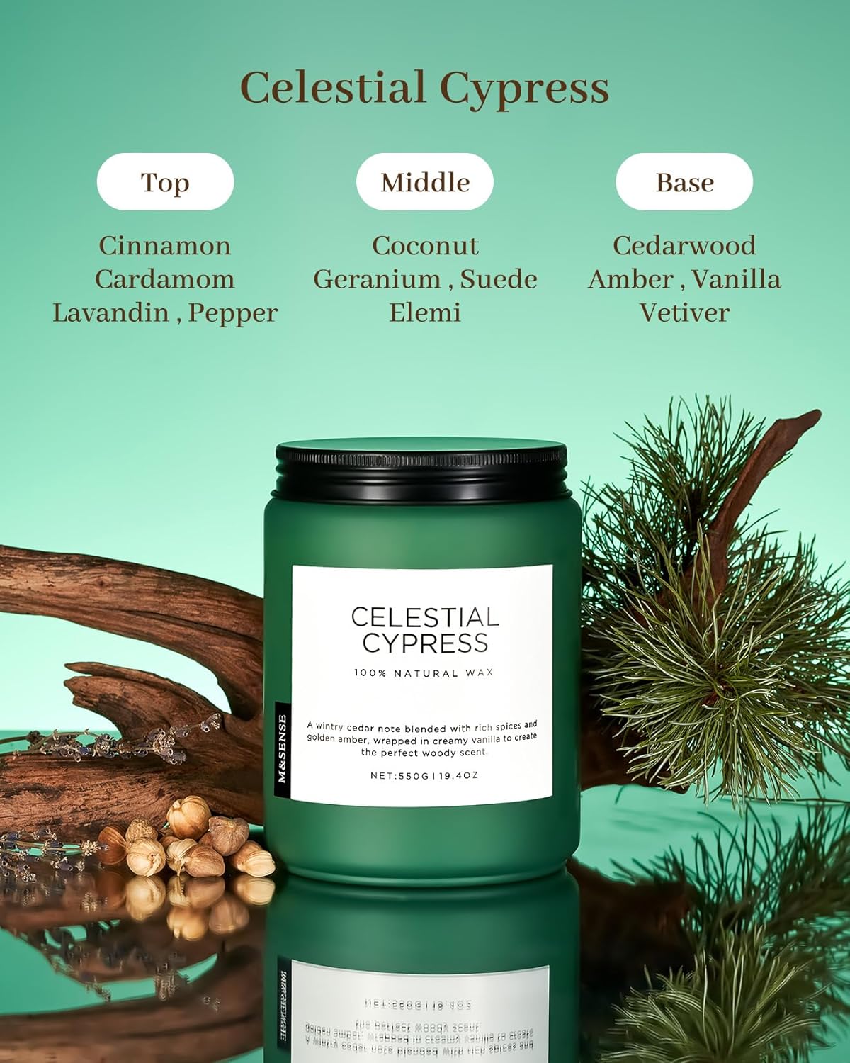 M&SENSE Celestial Cypress - Cedar & Spice Soy Jar Candles, Cedarwood Cardamom Large Winter Scented Candles 19.4oz 110 Hour Long Lasting Burn, Non Toxic Natural Warm Woody Scent Gifts for Men Women