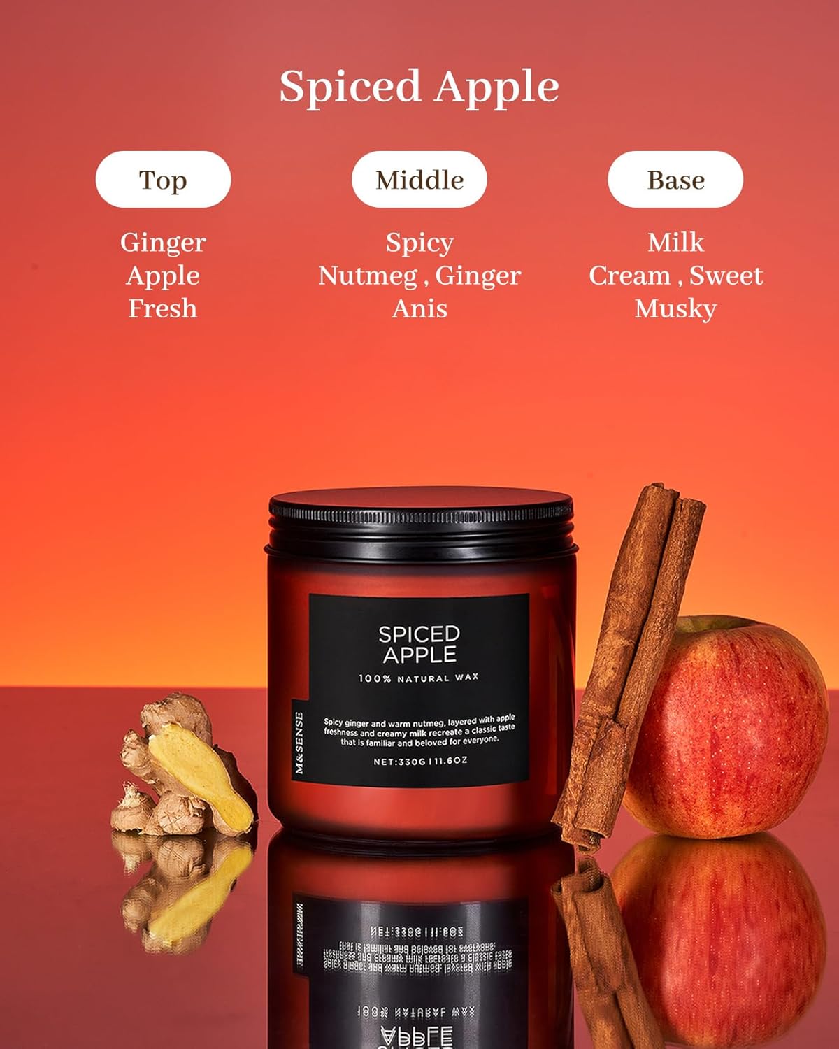 M&SENSE Spiced Apple 2 Wick Fall Scented Candle, 11.6oz Natural Soy Wax Candle for Autumn Decor, Up to 70 Hours Burn Time, Strong Fall Scented Candle Gift for Christmas Holiday Celebration