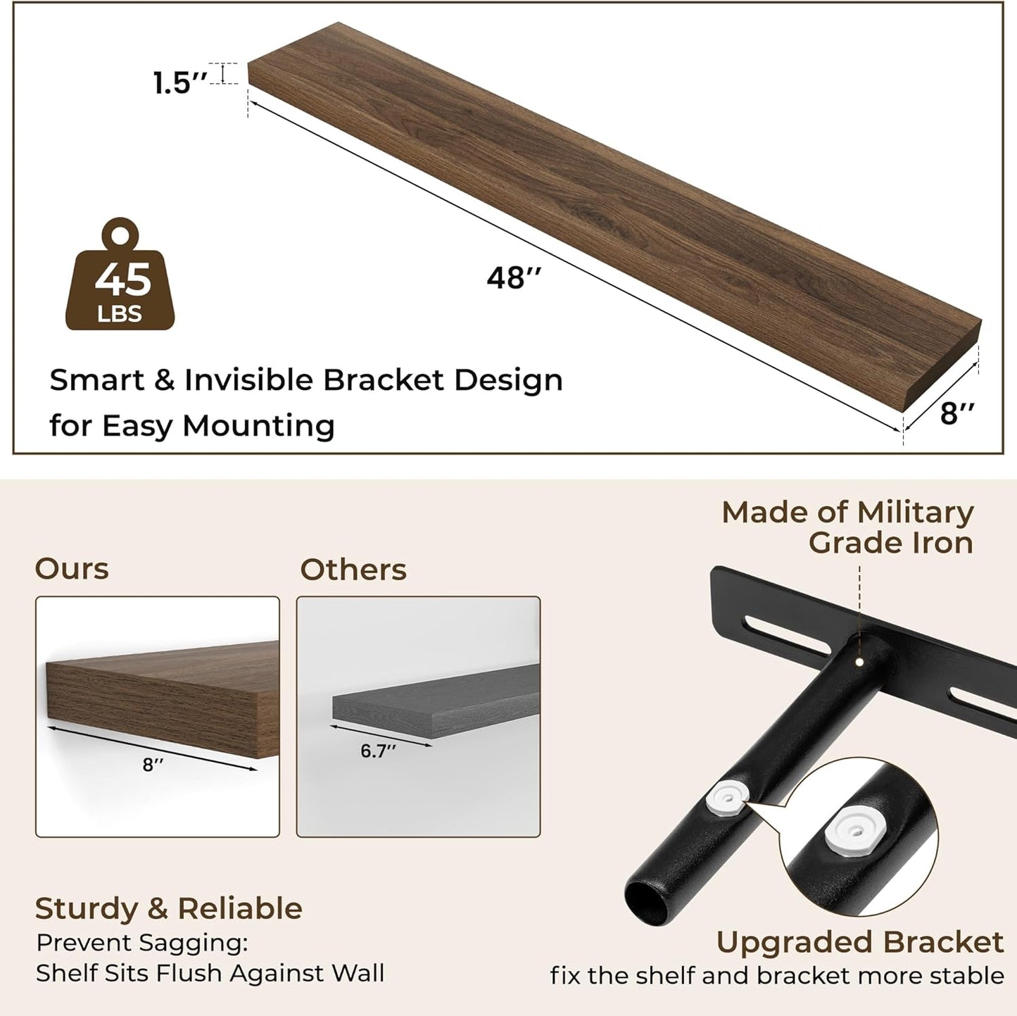 RICHFOCUS 48Inch Floating Shelves for Wall 1 Pack Shelves for Bedroom|Kitchen|Bathroom Wall Mounted Rustic Wood Floating Shelf with Invisible Brackets for Books|Storage|Decor, Walnut