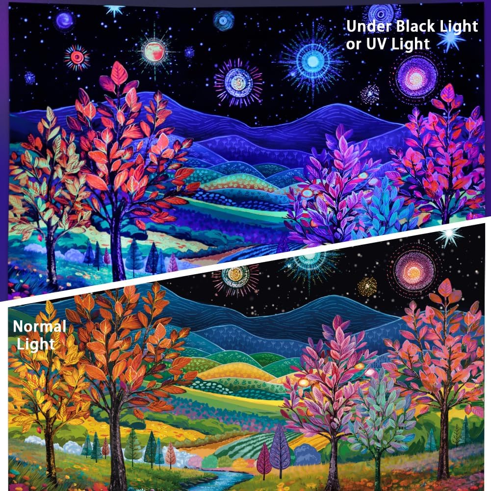 Heynvioo Blacklight Forest Tree Tapestry UV Reactive Fantasy Starry Sky Tapestries Colorful Nature Landscape Tapestry Hippie Mountain Tapestries Vintage Aesthetic Wall Hanging Decor for Home