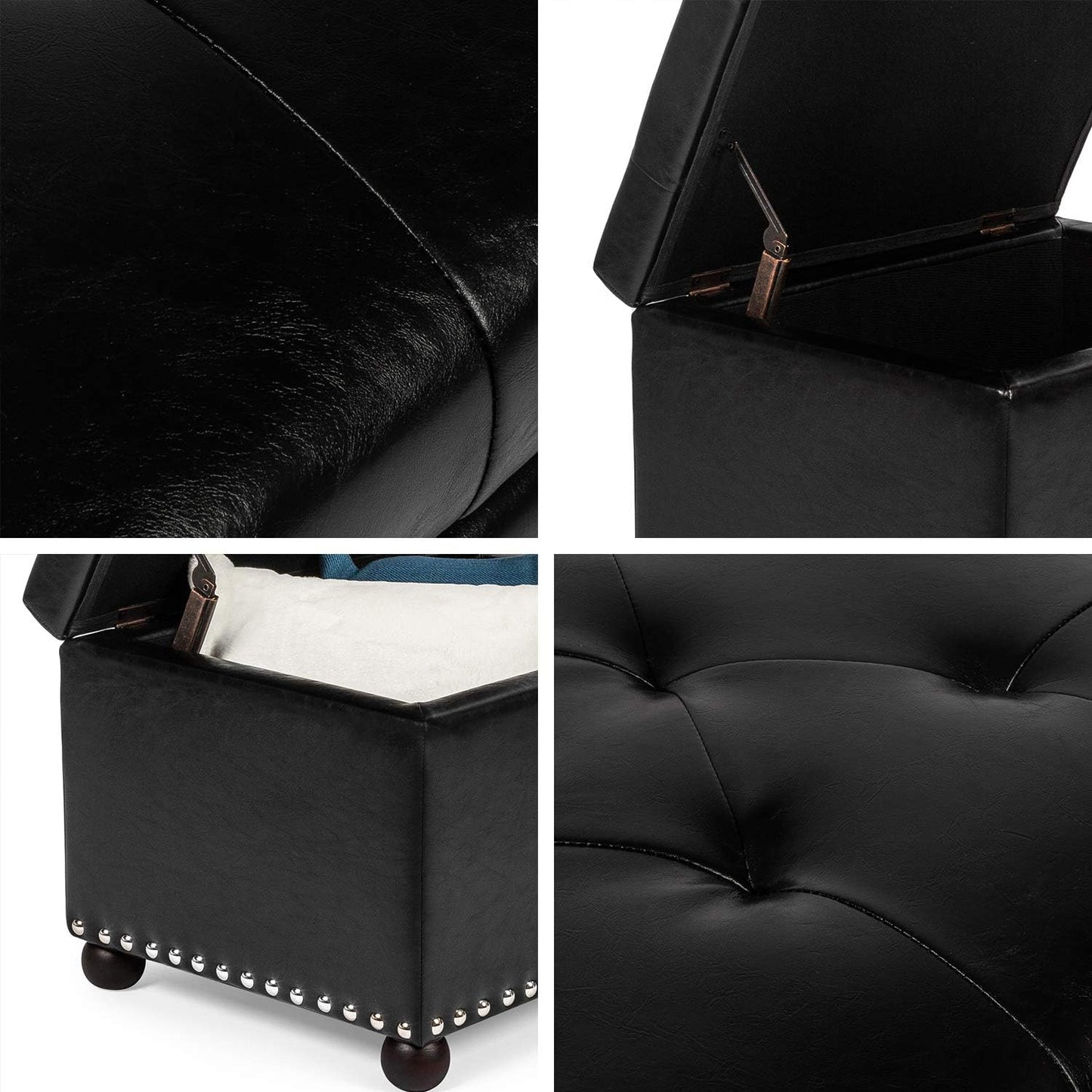 Joveco Leather Storage Ottoman, 24" Rectangle Tufted Foot Rest Stool, for Living Room Bedroom, Midnight Black