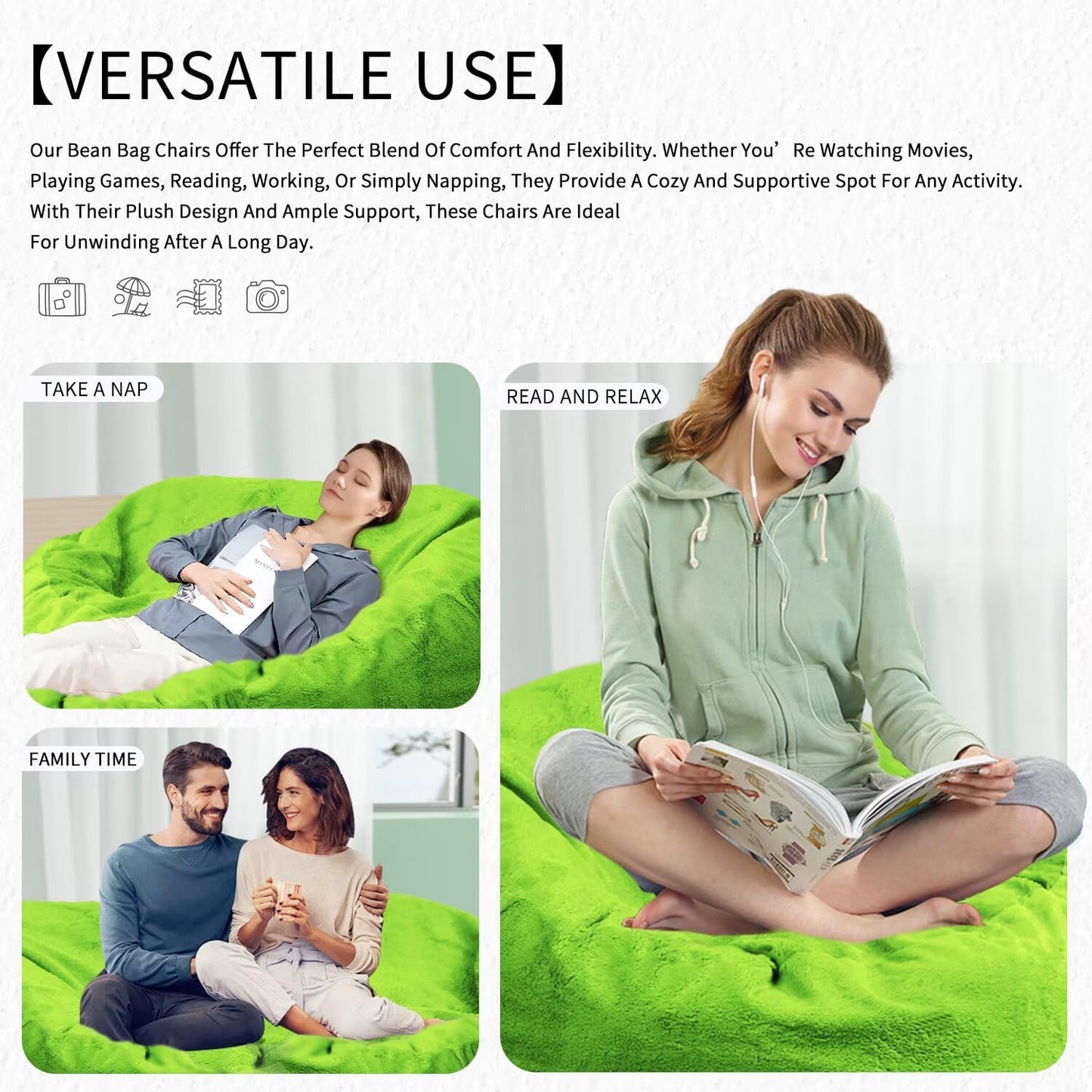 Bean Bag Chair for Adults 4FT,Soft Removable Cover for Teens/Girls Bedroom,Fluffy Giant Round Floor Beanbag Lounger Chairs (No Filler,Green)