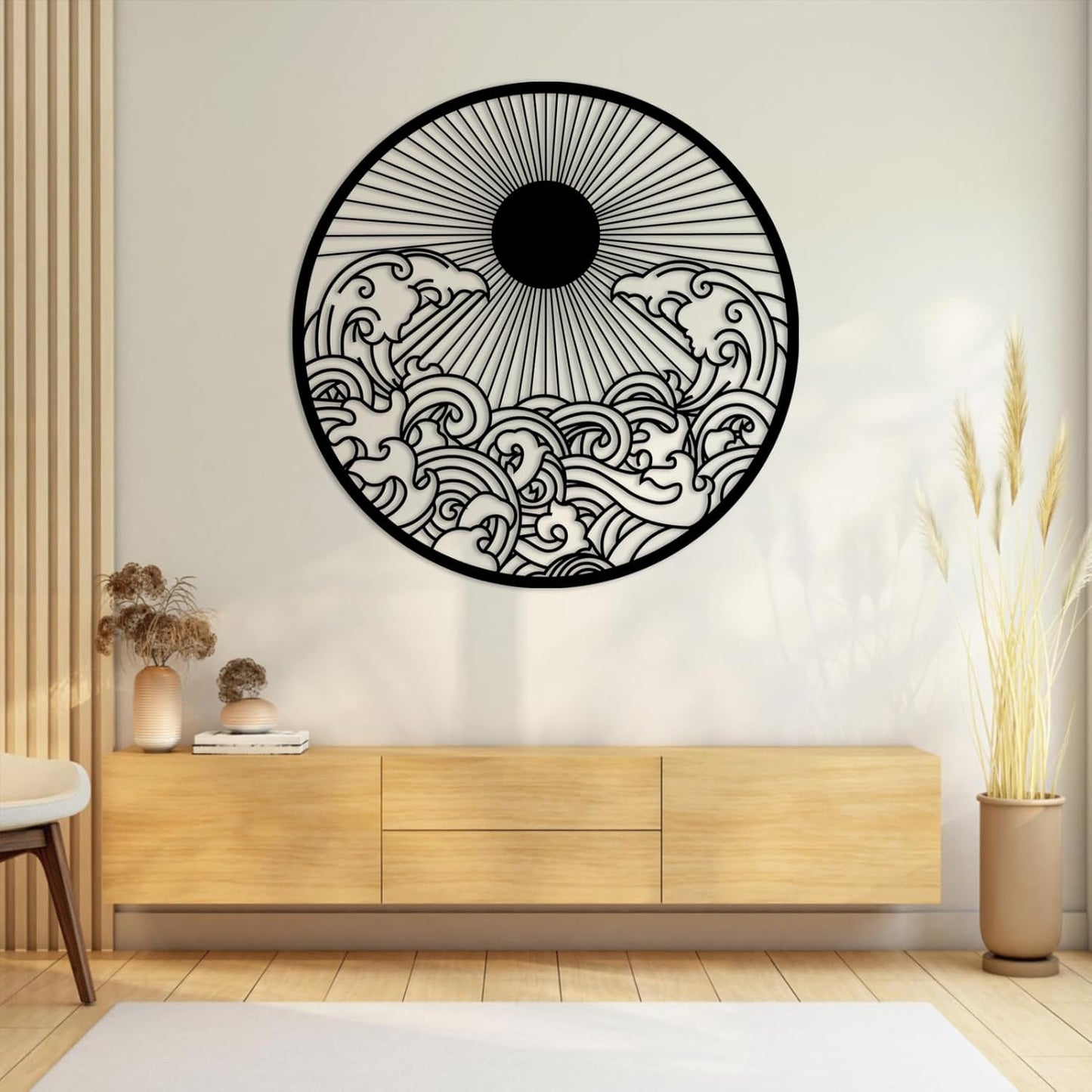 flyoak Metal Sun Wall Decor Outdoor, Sunrise Metal Wall Art, Metal Wave Wall Art, Sunrise and Wave Wall Decor, Sunburst Wall Art, Sunset Wall Art, Wall Hangings for Bedroom (Gold, 24x24in|60x60cm)