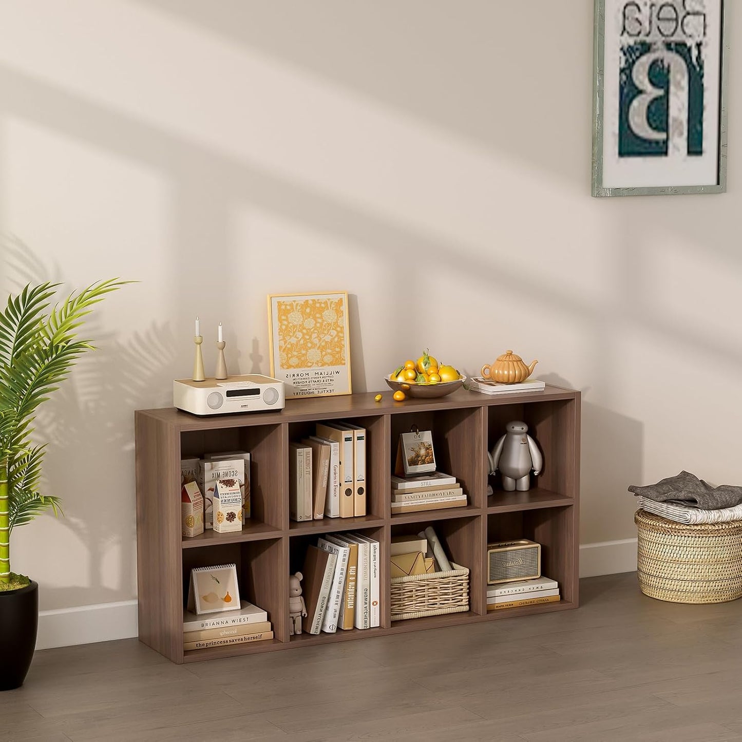 8-Cube Storage Shelf Bookcase - Wooden 4-Tier Floor Standing Open Bookshelf for Home and Office, Cuby Orgainzer, Walnut