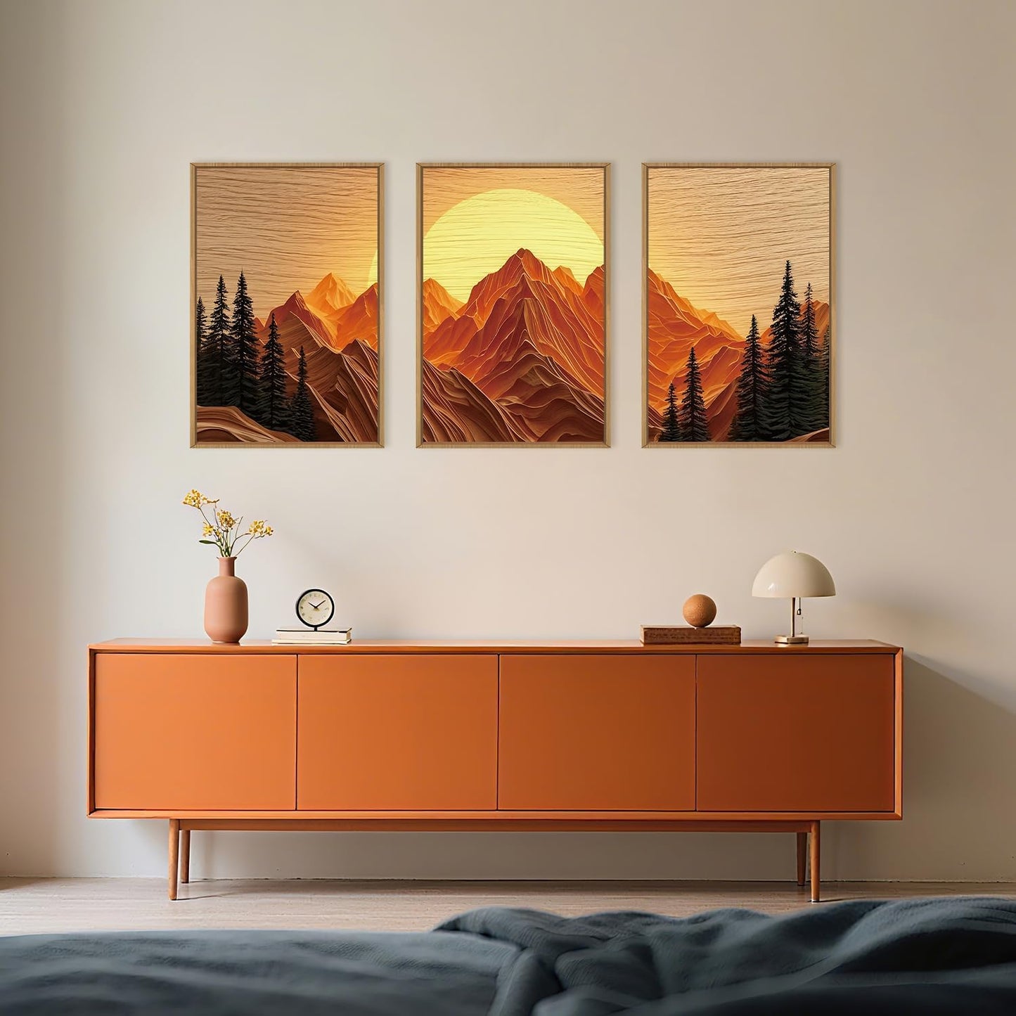 Large Mountain Framed Canvas Wall Art Set, Abstract Ridge Sun Painting, Boho Sunset Scenery Wall Decor,Modern Natural Landscape Art Print for Living Room,Bedroom,Office-16 x24 x3