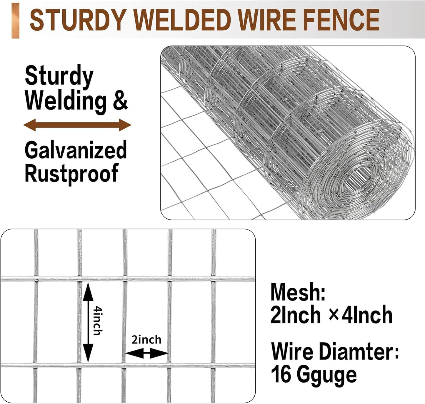 Tongmo 4 ft x 50 ft Galvanized Welded Wire Fence, 16GA Garden Chicken Wire Fence Roll, Mesh Size 2" x 4"Hardware Cloth, Ideal for Yard Protection and Poultry Netting