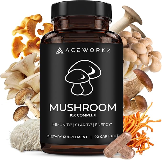 ACEWORKZ 10 Mushroom Complex Supplement - Lions Mane, Reishi and Cordyceps & More - Nootropic for Brain Health, Memory & Focus - Immunity & Energy (90 Capsules)