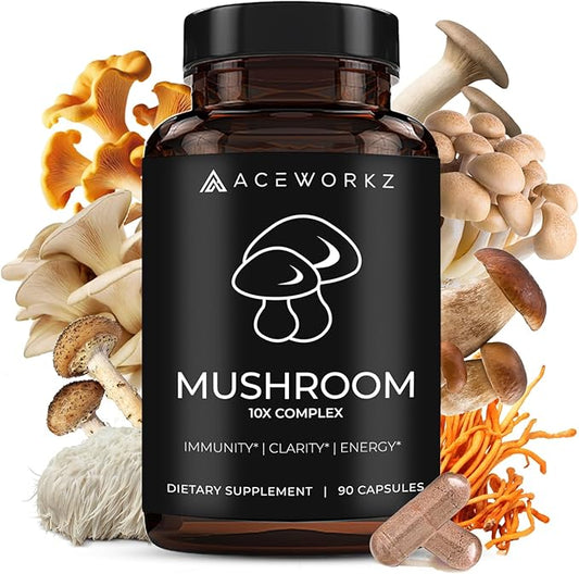 ACEWORKZ 10 Mushroom Complex Supplement - Lions Mane, Reishi and Cordyceps & More - Nootropic for Brain Health, Memory & Focus - Immunity & Energy (90 Capsules)