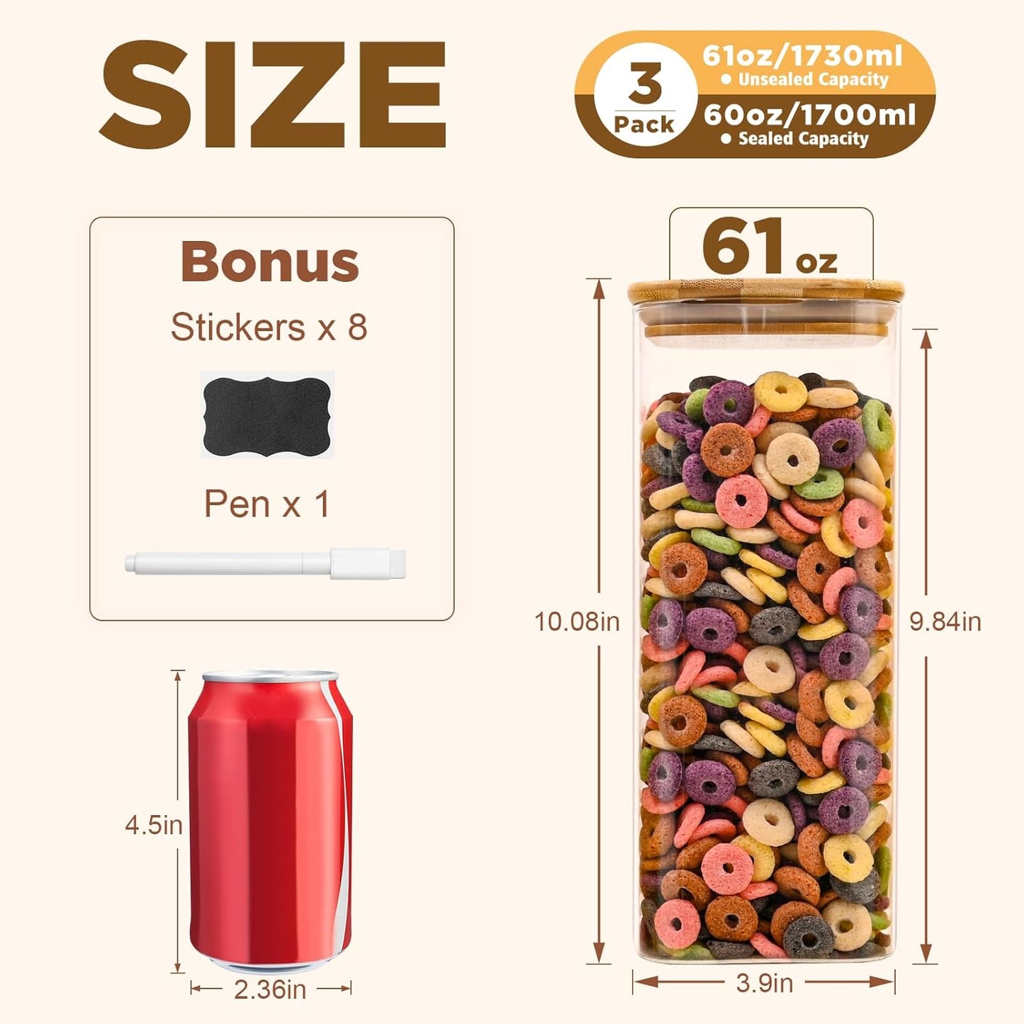 Glass Food Storage Jars Square 61oz, 3 Pack Glass Jars With Bamboo Lids, Kitchen Storage Containers For Spice, Candy, Cookie, Storage For Pantry Organizers