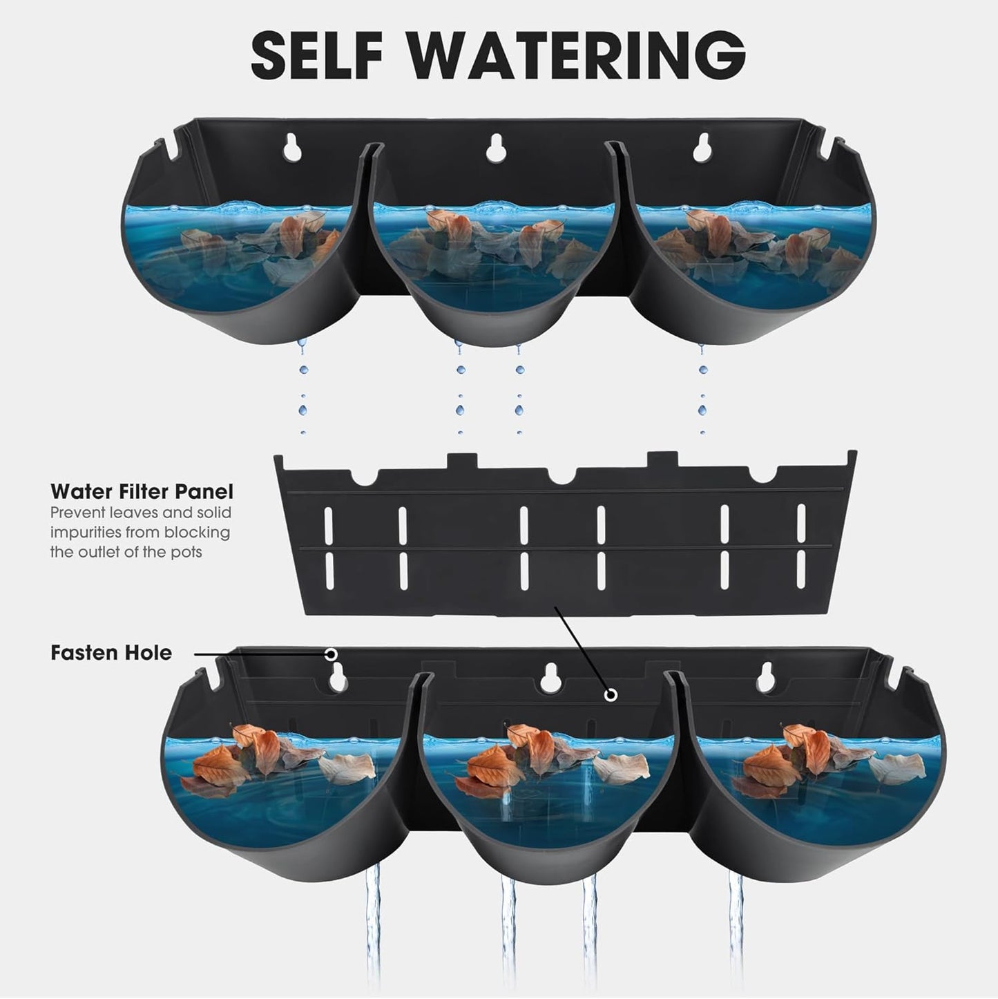 Worth Garden Upgraded 6 Sets (18 Pockets) Self Watering Stackable Vertical Planters - Wall Mounted Plastic Plant Grow Pots fr Strawberries Flowers Herbs - Indoor Outdoor Green Wall Decoration (Black)