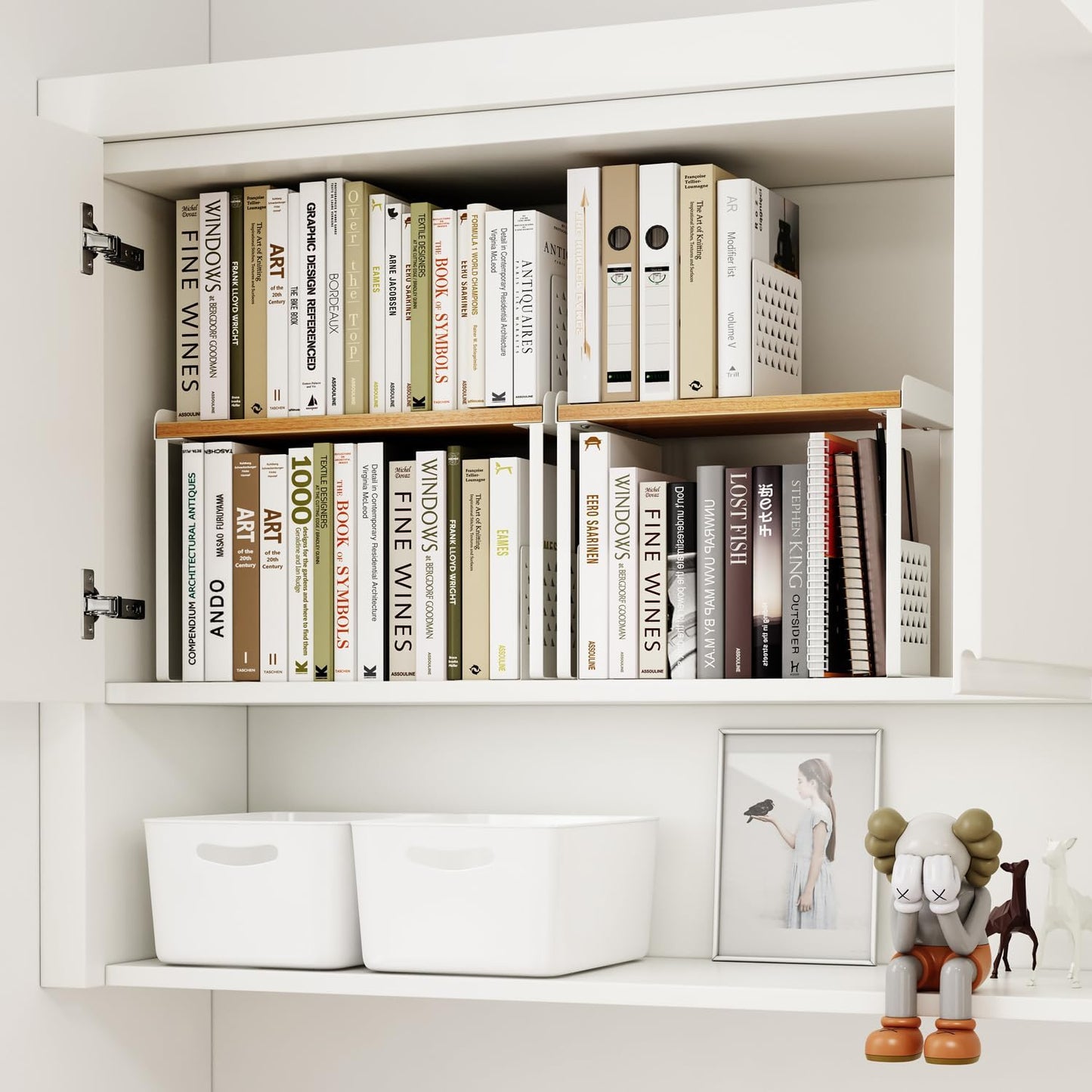 Mitus Shelf Organizer and Storage, Stackable Tiered Wood Cabinet Rack for Countertops, Desktops, Cabinets (Set of 2) 12" and 16" Wide Natural Oak and White