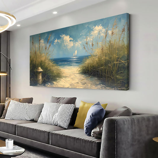 LASMOND Beautiful White Sandy Beach by Seaside Landscape Wall Art Decor Artwork for Bedroom Living Room (58x28Inches)