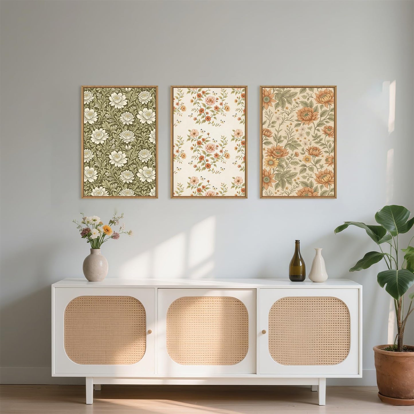 Vintage Pastoral Floral Framed Canvas Wall Art Set, Boho Colorful Flower Wall Decor, Peony Wildflower Wall Painting, Retro Botanical Art Prints for Living Room, Bedroom, Office - 16"X24"X3