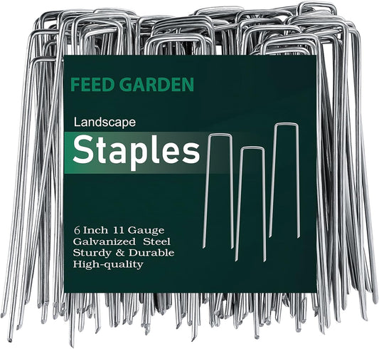 FEED GARDEN 6 Inch 500 Pack Galvanized Landscape Staples Plant Cover Pins 11 Gauge Tent Stakes Garden Stakes Landscaping Fabric SOD Pins Yard Spikes for Decoration Weed Barrier Fabric