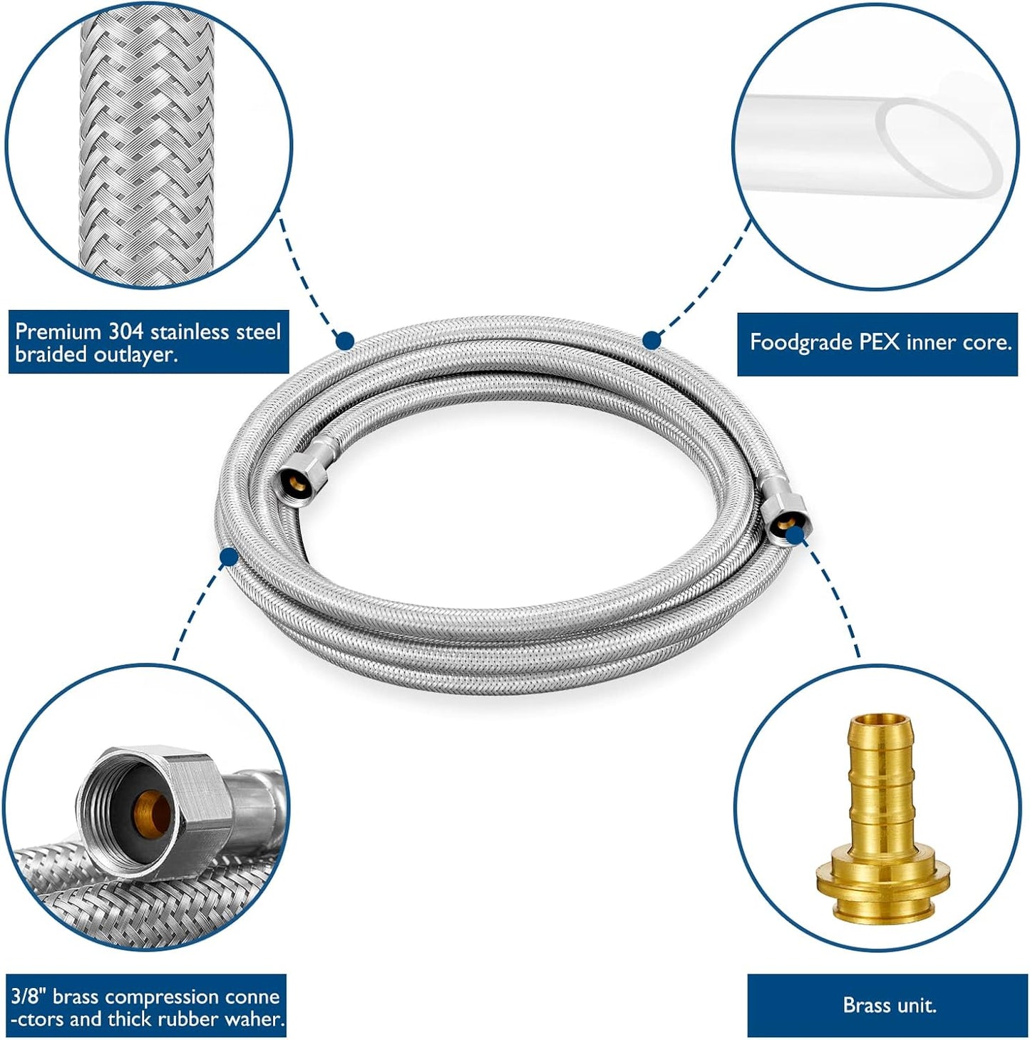 Dishwasher Installation Kit - 8 FT Stainless Steel Braided Dishwasher Hose kit,Food Grade PEX Inner Tube Water Line with 3/8"x 3/8"x 3/8" Tee Stop Valve,3/8"x 3/8"MIP Elbow,3/8"x 3/4"FHT Elbow