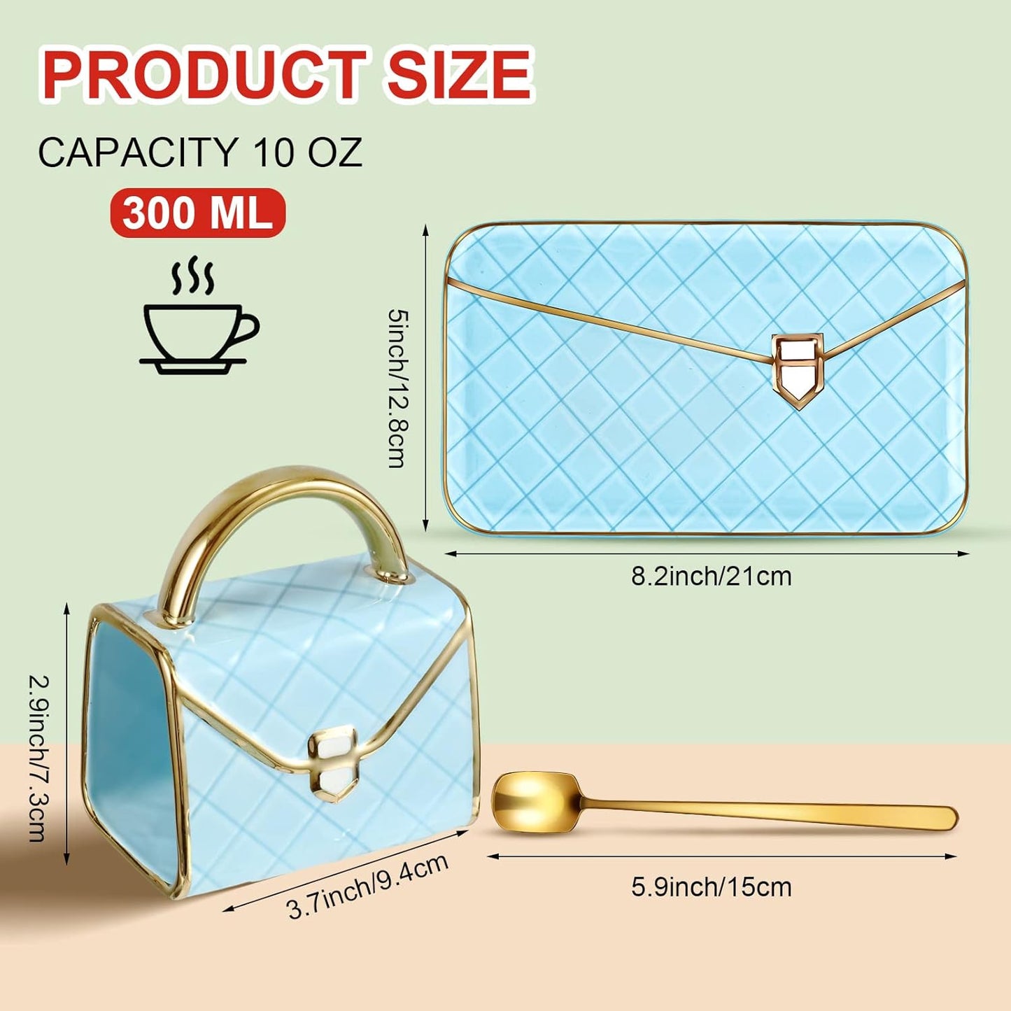 Zubebe 1 Set Coffee Mug Elegant Handbag Shaped Cup Modern Ceramic Purse Mug with Spoon and Saucer, 10oz Cute Creative Tea Cup for Office Home Woman Girls Gift (Blue)