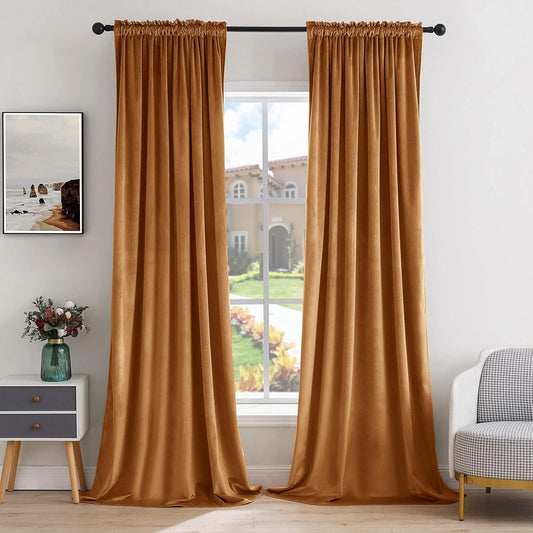 MIULEE Gold Brown Velvet Curtains Thermal Insulated Blackout Curtain Fall Drapes for Bedroom Living Room Darkening 96 Inches Long Curtains Panels Rod Pocket Set of 2