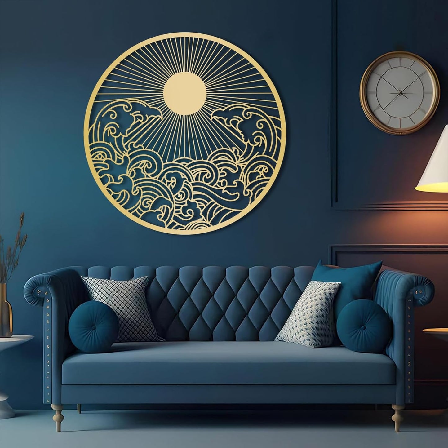 flyoak Metal Sun Wall Decor Outdoor, Sunrise Metal Wall Art, Metal Wave Wall Art, Sunrise and Wave Wall Decor, Sunburst Wall Art, Sunset Wall Art, Wall Hangings for Bedroom (Black, 39x39in|100x100cm)