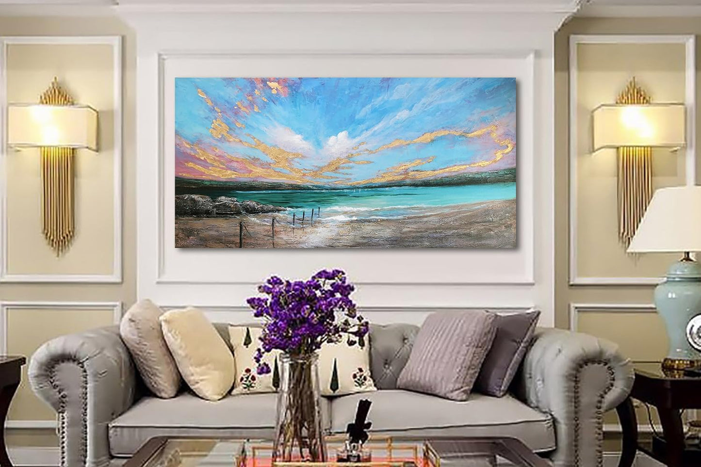 Arjun Ocean Teal Wall Art Canvas Coastal Beach Painting Blue Turquoise Landscape Sunset Picture, Panoramic Gold Foil Textured Large Artwork Framed for Living Room Bedroom Bathroom Wall Decor 48"x24"