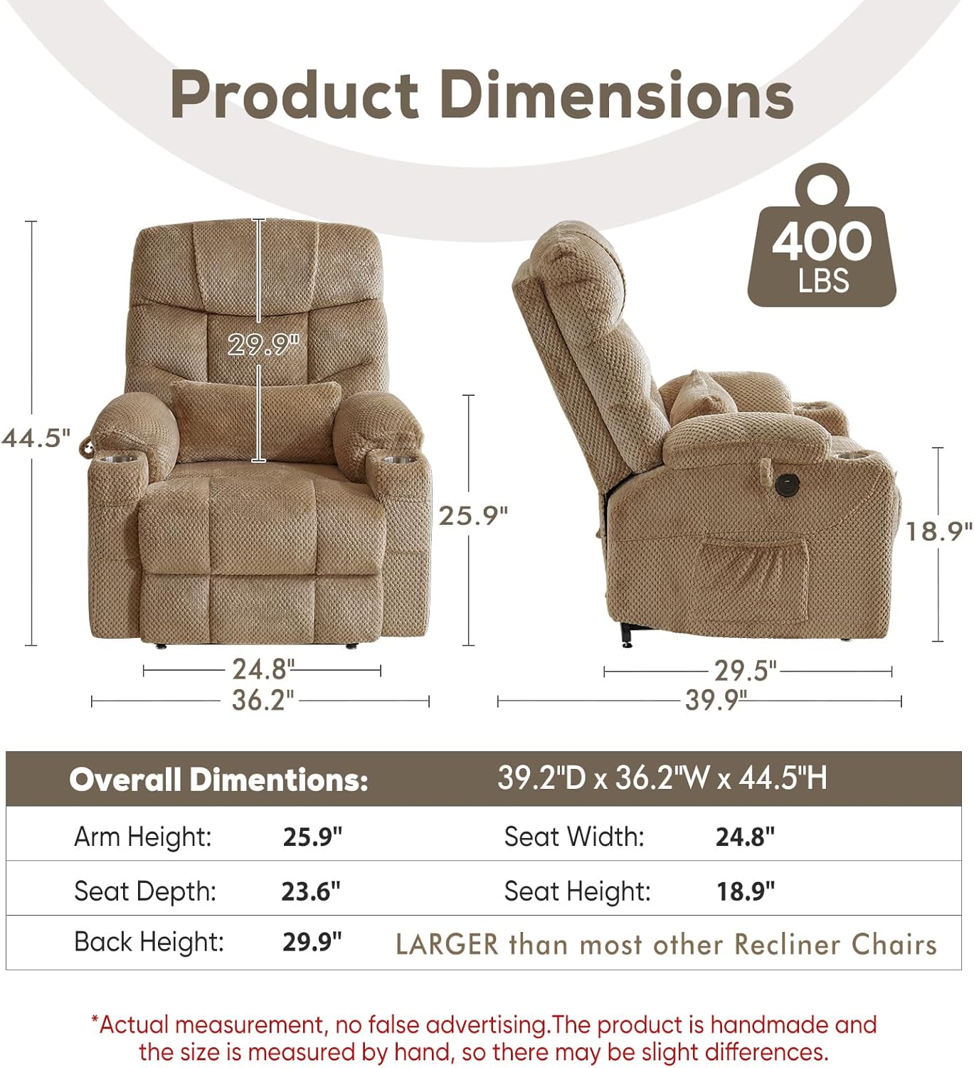 Oversized Dual Motor Lay Flat Power Lift Recliner Chair with Massage, Heating, Lumbar Pillow, USB & Type-C Ports, Textile Lift Chairs Recliners, Large Recliner for Big & Elderly People - Beige