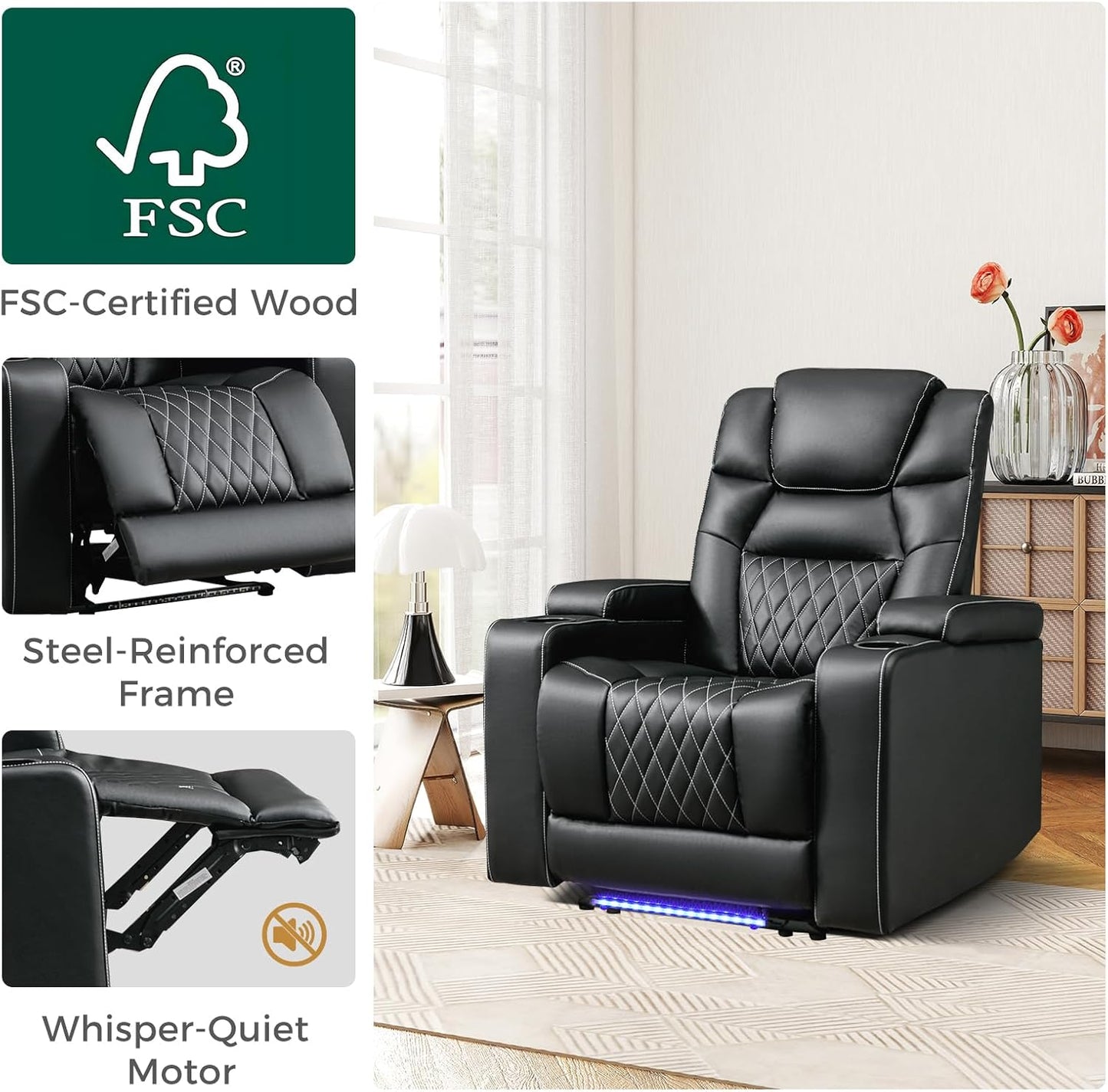 ANJ Power Home Theater Recliner Chair Set of 3, Electric Movie Theater Seating Reclining Chairs with Cup Holders for Living Room, Faux Leather with Blue LED, USB Ports, Hidden Arm Storage (Black)