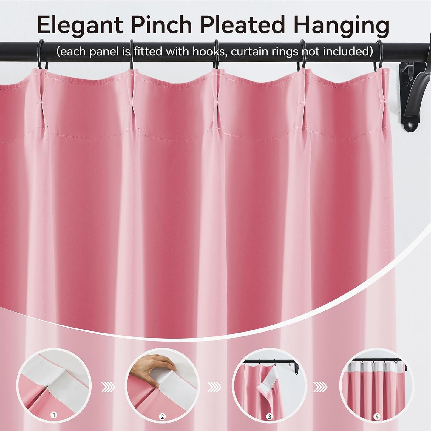 KangBang Pink Pinch Pleated Curtains 90 Inches Long for Bedroom, Blackout Energy Saving Aesthetic Modern Peach Pink Curtains & Drapes with Adjustable Hooks 2 Panels,40Wx90L