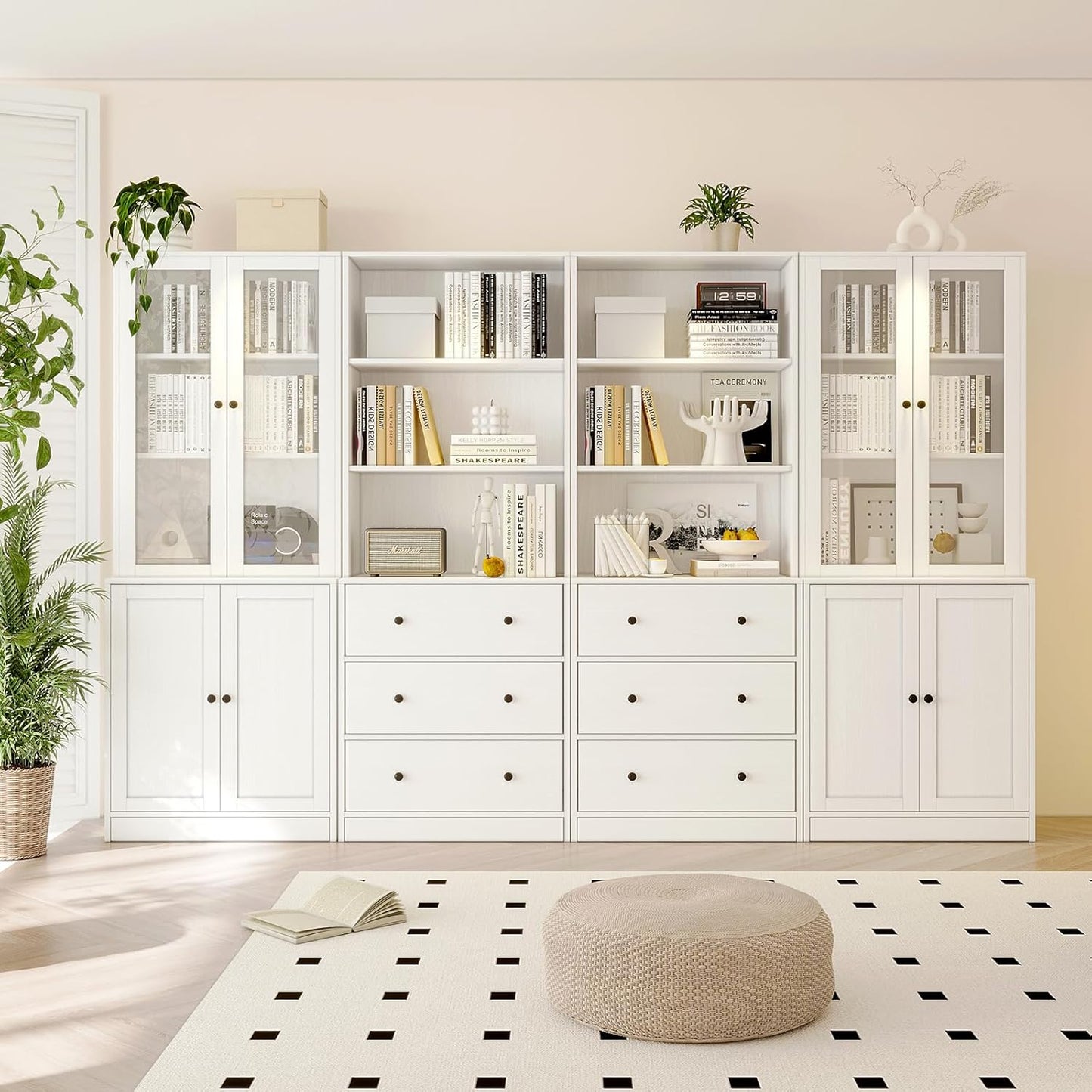 TUSY 71" Bookshelf Bookcase, 3-Tier Modern Bookshelves 3 Large Drawer, Wood Filing Cabinet with Open Storage Shelf, Glass Doors 5-Tier Fixed Storage Shelves for Home Office