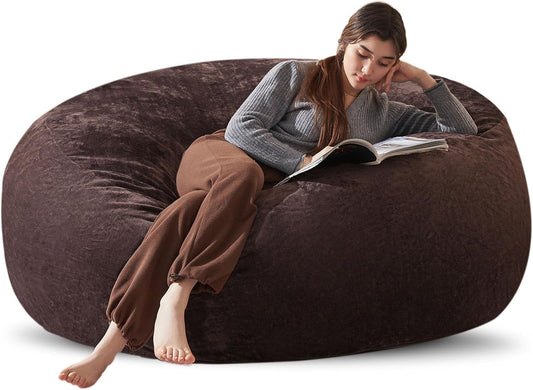 Bean Bag Chair 6Ft, Memory Foam Filled, Large Beanbag Chairs for Adults and Teens, Soft Sofa with Removable Flannel Cover, Round Couch for Living Room Bedroom College Dorm (Brown, 6FT-67×67"×24")