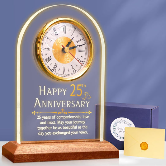 Light Up 25th Anniversary Wedding Gifts Quartz Clock with Wooden Base,25 Years Silver Wedding for Couple,Parents,Soft Warm White Lighting 25th Anniversary Decoration Gifts