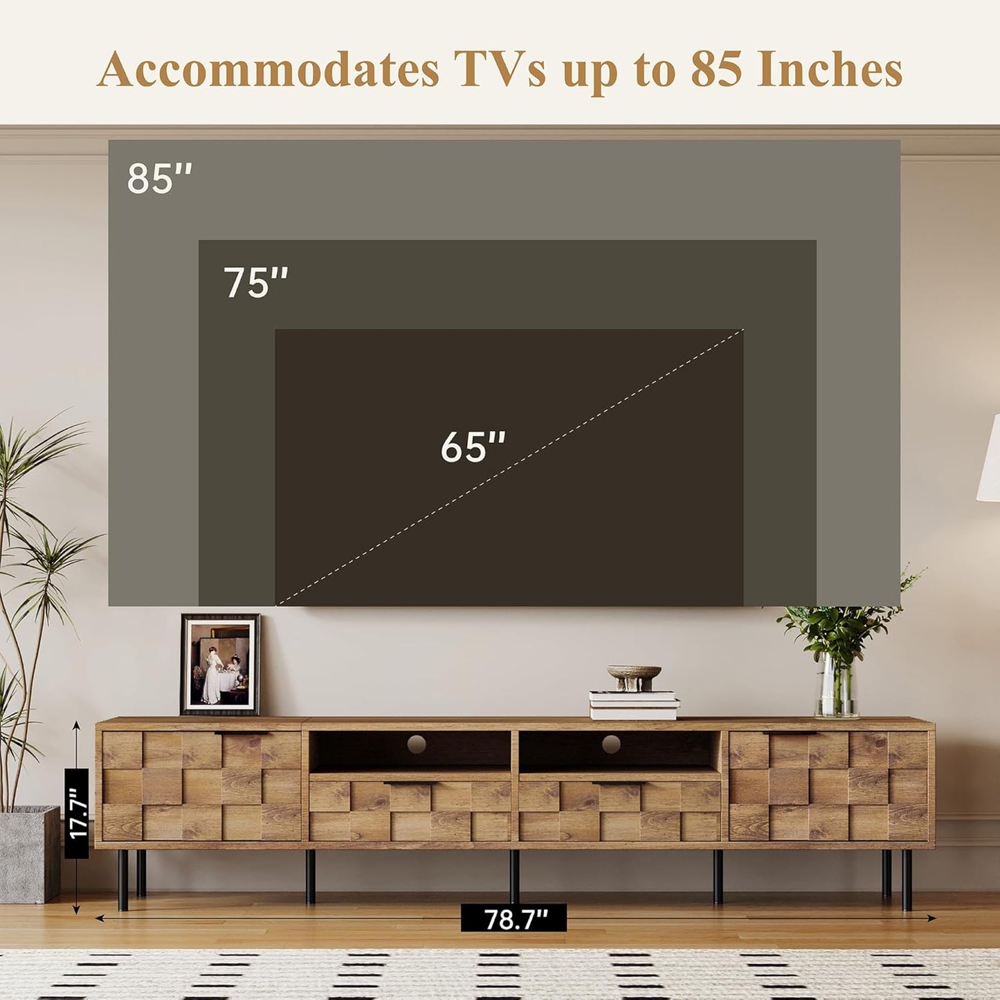 Modern TV Stand for TVs up to 85", Mid-Century Media Console with Checkered Cabinet Doors, Storage Drawers & Open Shelves, Wood Entertainment Center with Metal Legs