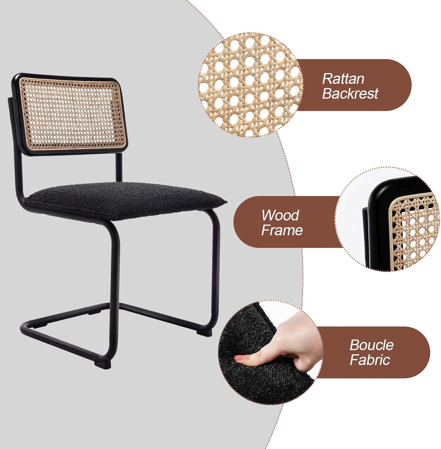 Mid Century Modern Rattan Dining Chairs Set of 4, Boucle Kitchen Chairs with Handwoven Mesh Rattan Backrest and Metal Legs, Upholstered Accent Side Chairs, Black