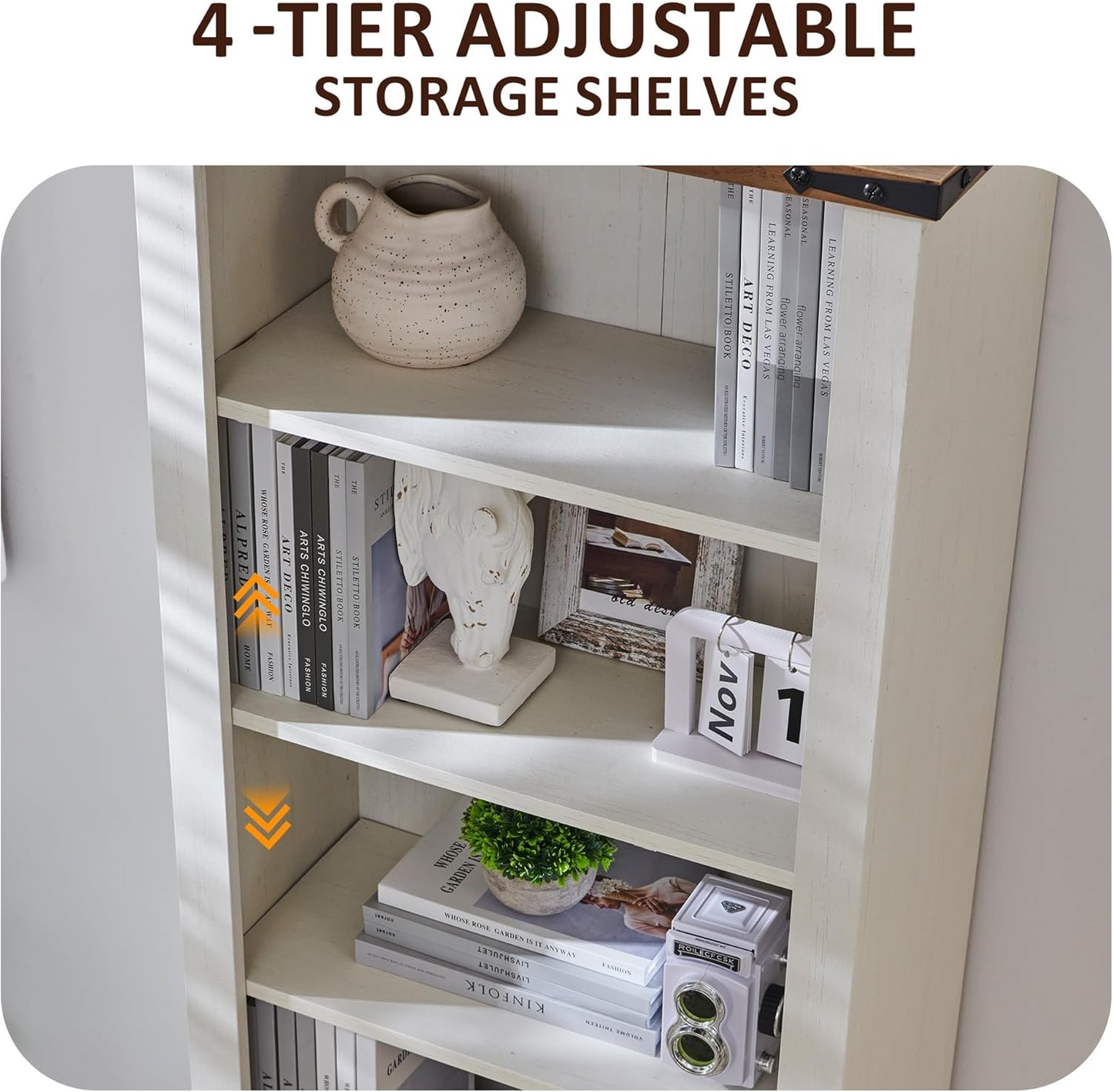 OKD 72'' Tall Bookshelf with Storage, Farmhouse 4 Tier Bookcase with Barn Door, Adjustable Shelves and Drawers, Rustic Wooden Office Bookshelves for Home Bedroom, Living Room, Library Antuique White