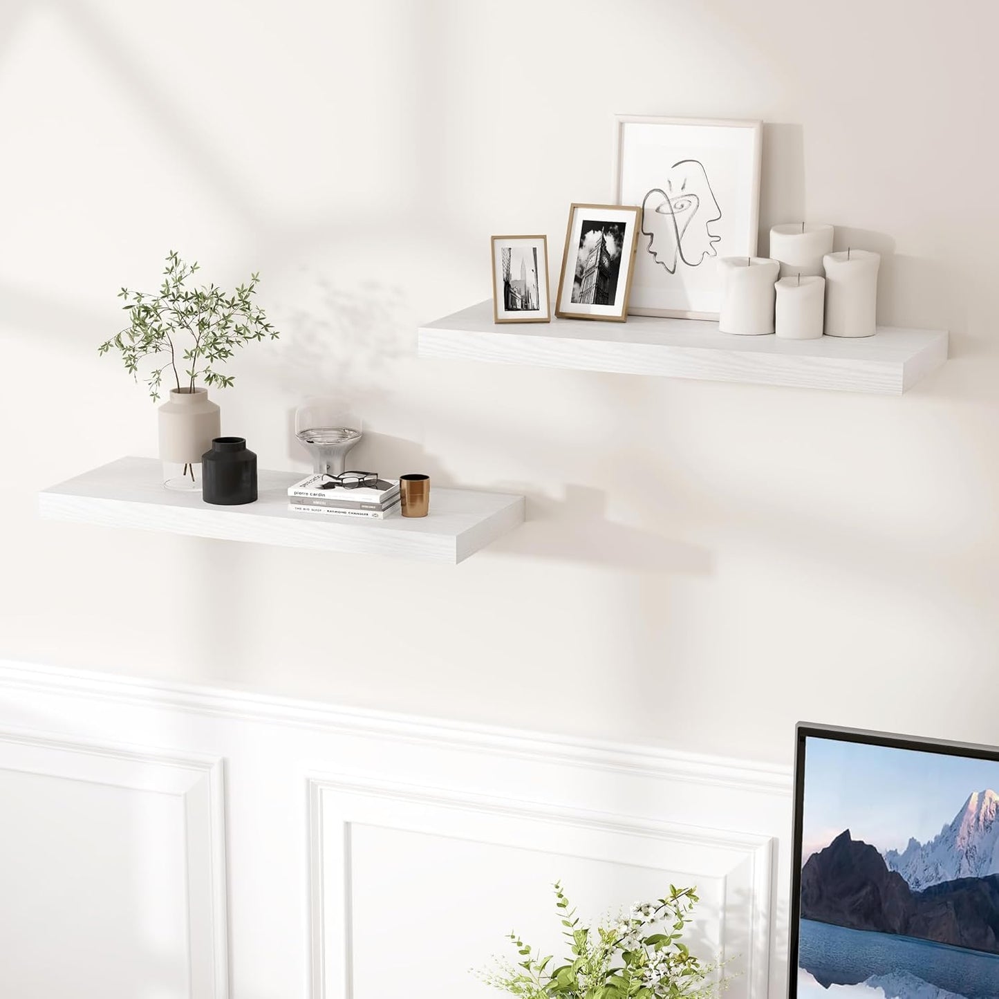 24 Inch Floating Shelves, Rustic 24 x 9 White Floating Shelf for Wall, White Bathroom Shelves Set of 2, Farmhouse Wood Wall Shelf for Bedroom, Kitchen, 9 Inch Deep Shelves for Home Storage