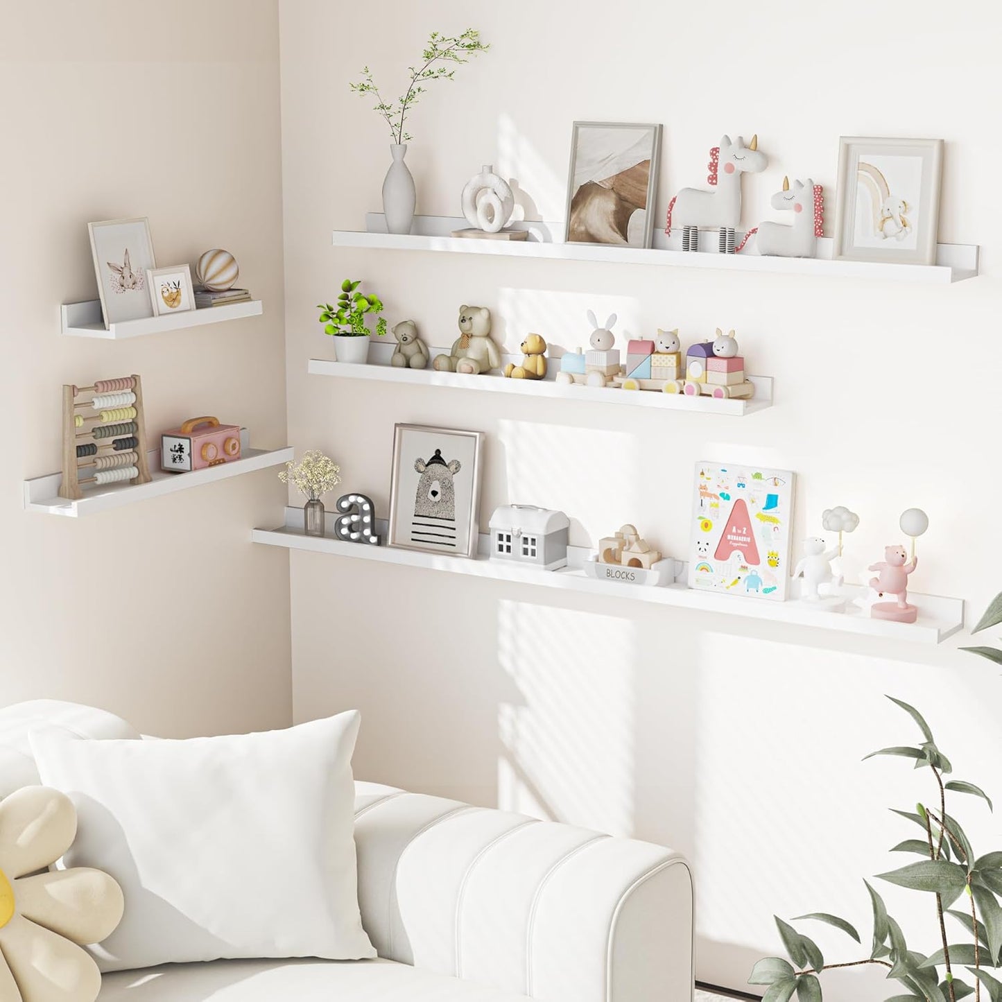 Heimlove Picture Ledge Shelf, Floating Shelves Set of 2, 72 Inches Long Large Picture Shelf for Wall with Ledge, Kids Bookshelf Wall Mounted for Living Room Bedroom Decor Books Photo Frames, White