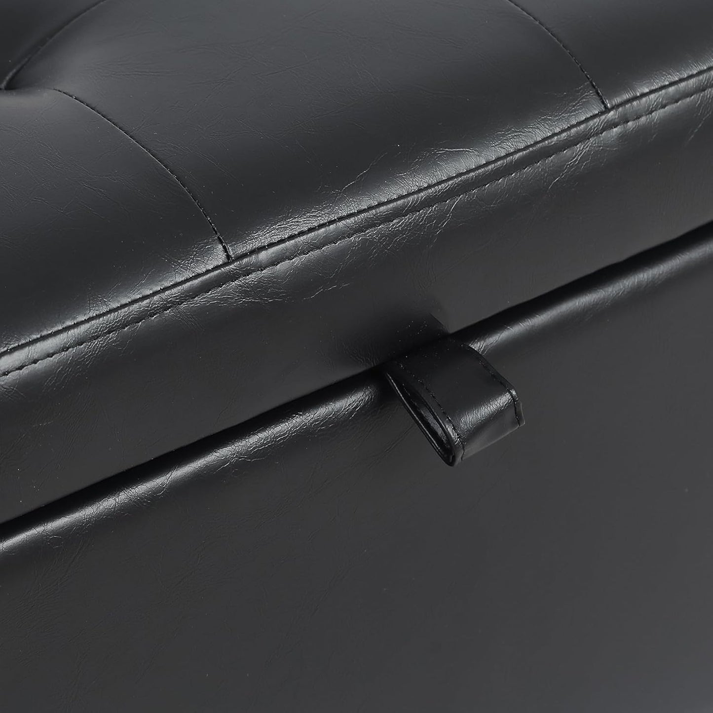 Adeco Faux Leather Storage Ottoman with Hinged Lid, 14 Inch High Black Square Cube Foot Stool with Storage, Upholstered Vanity Stool with Solid Wood Legs for Living Room, Bedroom, Dorm