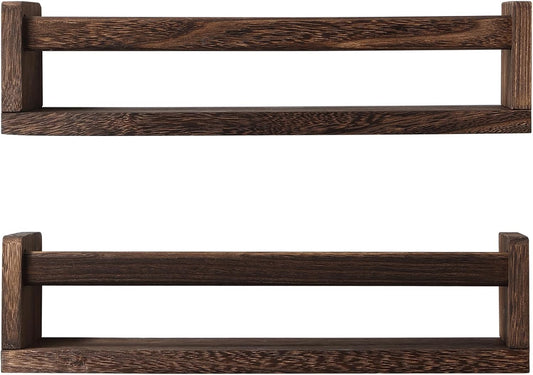 Nursery Book Shelves, Set of 2 Wood Floating Book Shelves for Kids Room, Kitchen Spice Rack, or Rustic Wall Mounted Shelves for Farmhouse Bathroom Decor (Carbon Brown)