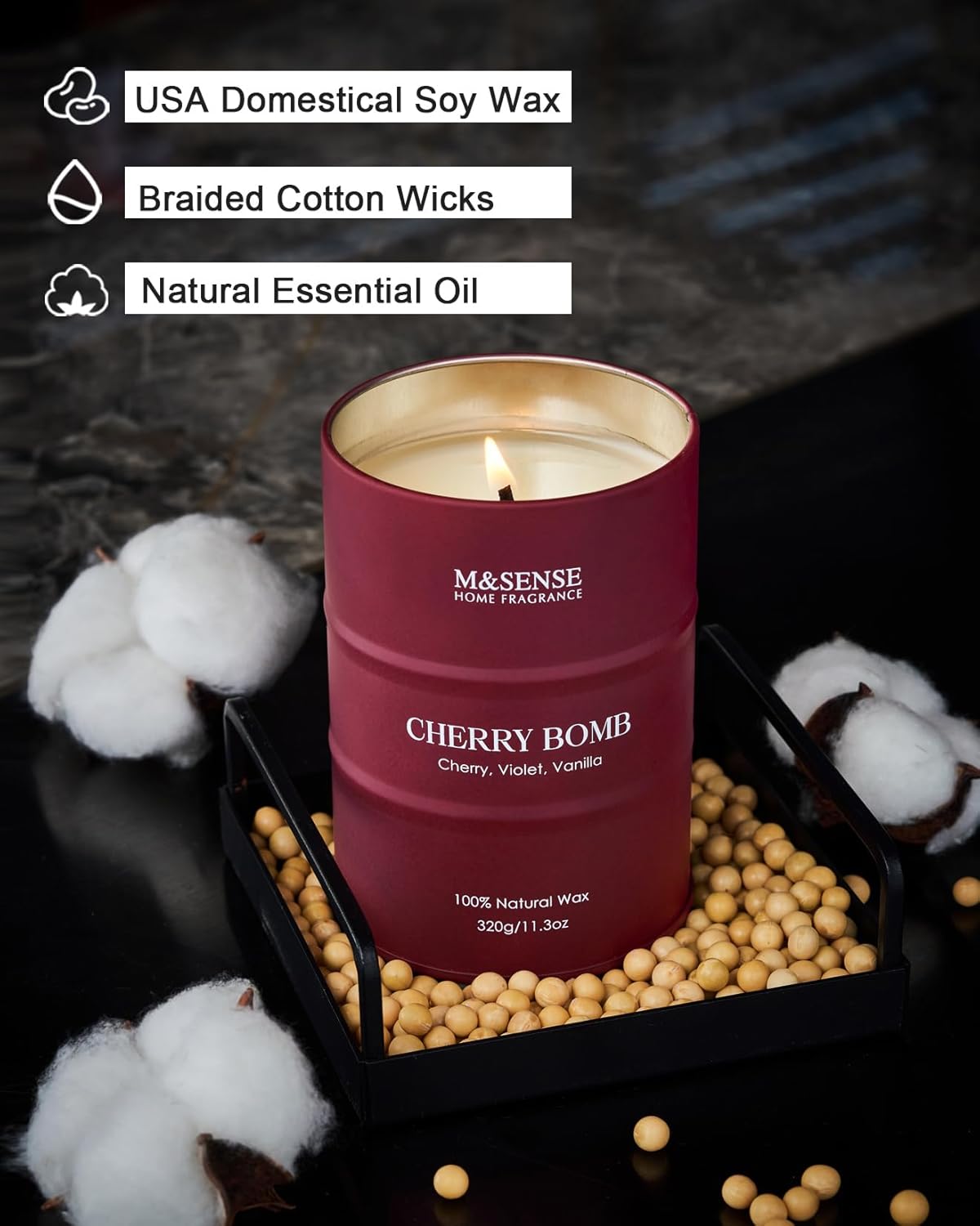 M&SENSE Cherry Bomb Scented Candles, Sweet Candle for Home Scented, Natural Soy Wax Cherry Blossom, Gifts for Women Mom, 11.3 oz 70 Hours Burn