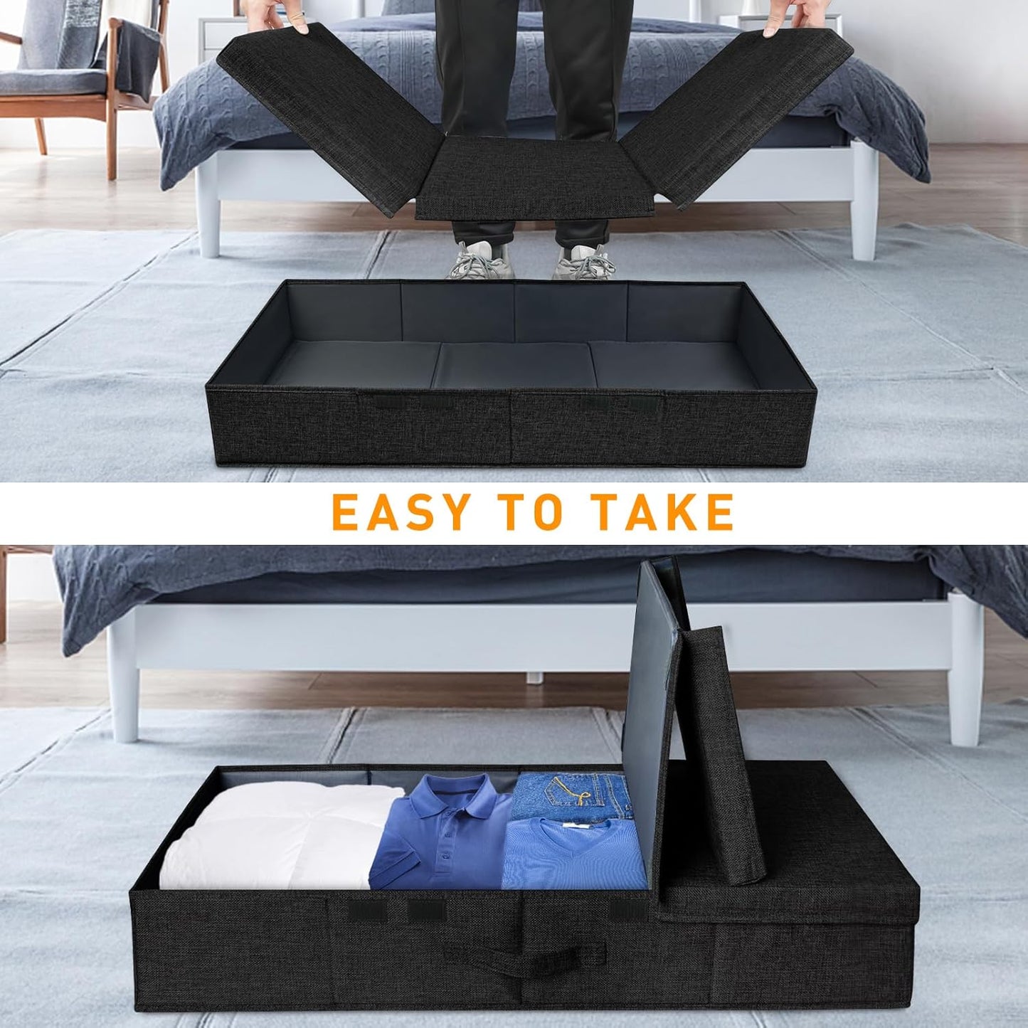 punemi Under The Bed Storage Containers 3 Pack, 6 Inch Tall Stackable Underbed Storage Bins With Handles, Closet Organizers and Storage Bins, Large Under Clothes Drawer Organizers Box For Crib, Black