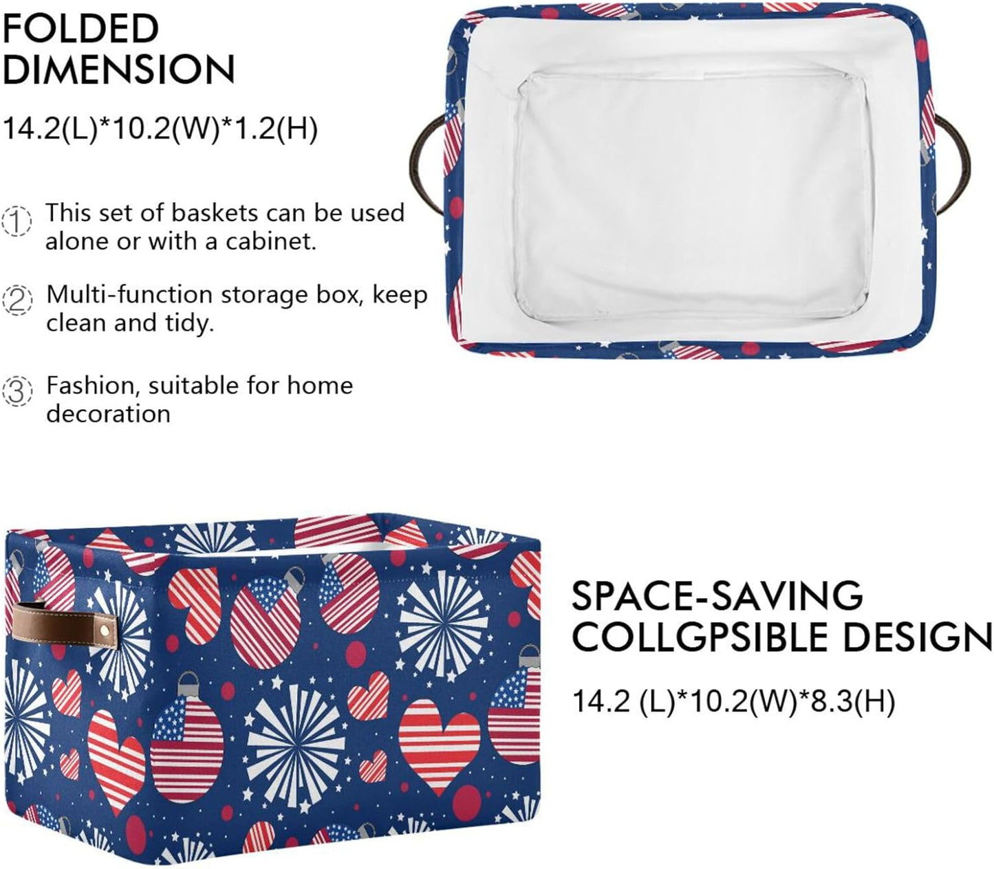 susiyo Fourth of July Basket American Independence Day Storage Box July 4th, American Flag with Hearts Fabric Storage Basket Organizer Bag with Handles