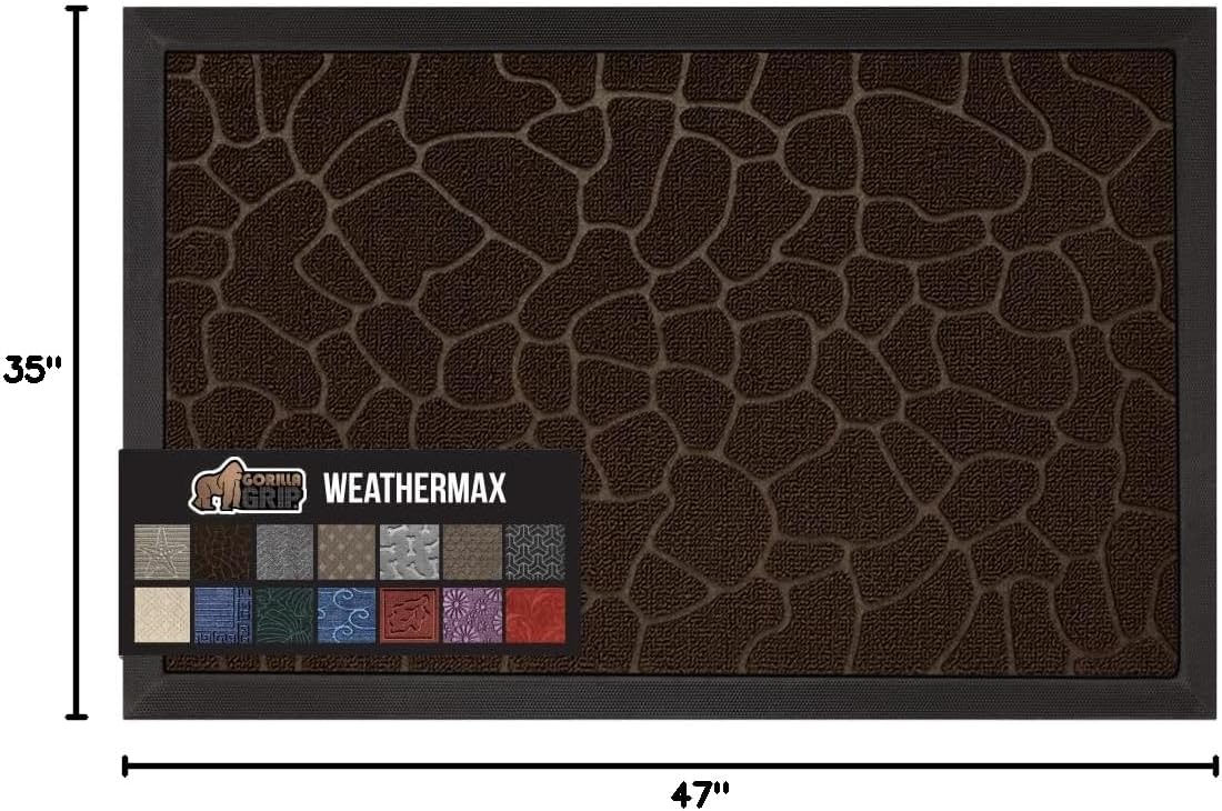 GORILLA GRIP 100% Waterproof All-Season WeatherMax Doormat, 47x35, US Designed Natural Rubber, Stain and Fade Resistant, Low Profile Indoor Outdoor Door Mats, Easy Clean Patio Mat, Dark Brown Pebble