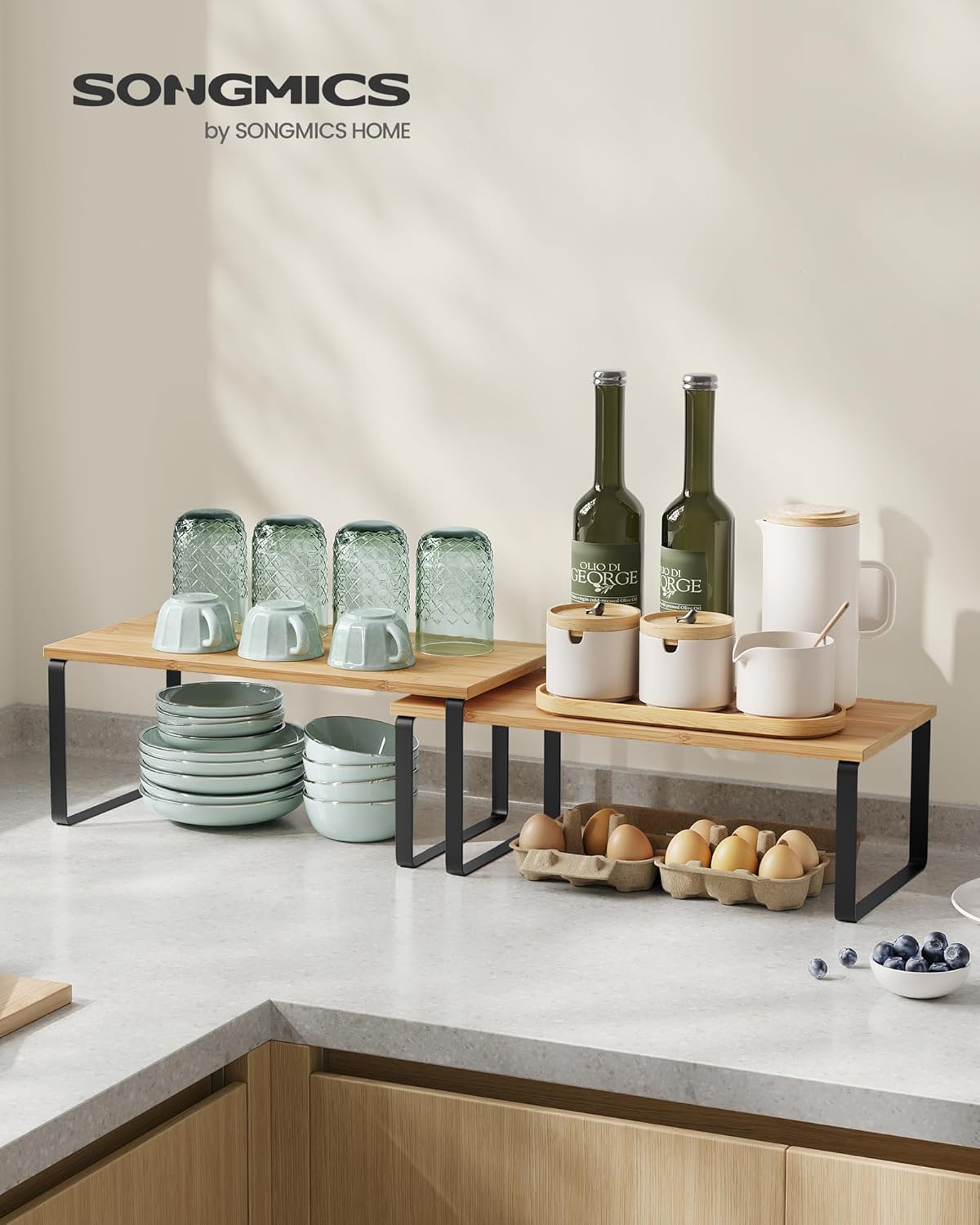 SONGMICS Cabinet Organizer Shelf, Set of 2 Kitchen Counter Shelves, Kitchen Storage, Spice Rack, Stackable, Expandable, Metal and Engineered Wood, Ink Black and Natural Beige UKCS200B01