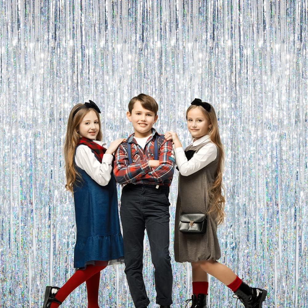 GOER 3.2 ft x 8.2 ft Metallic Tinsel Foil Fringe Curtains Party Photo Backdrop Party Streamers for Birthday,Graduation,New Year Eve Decorations Wedding Decor (3 Pcs, Shiny Silver)