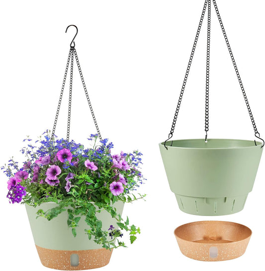 2 Pack Hanging Planters, 10 inch Indoor Outdoor Hanging Plant Pot Basket, Hanging Plastic Flower Pot with Drainage Hole with Removable Tray&Hooks for Hanging Plants,Green