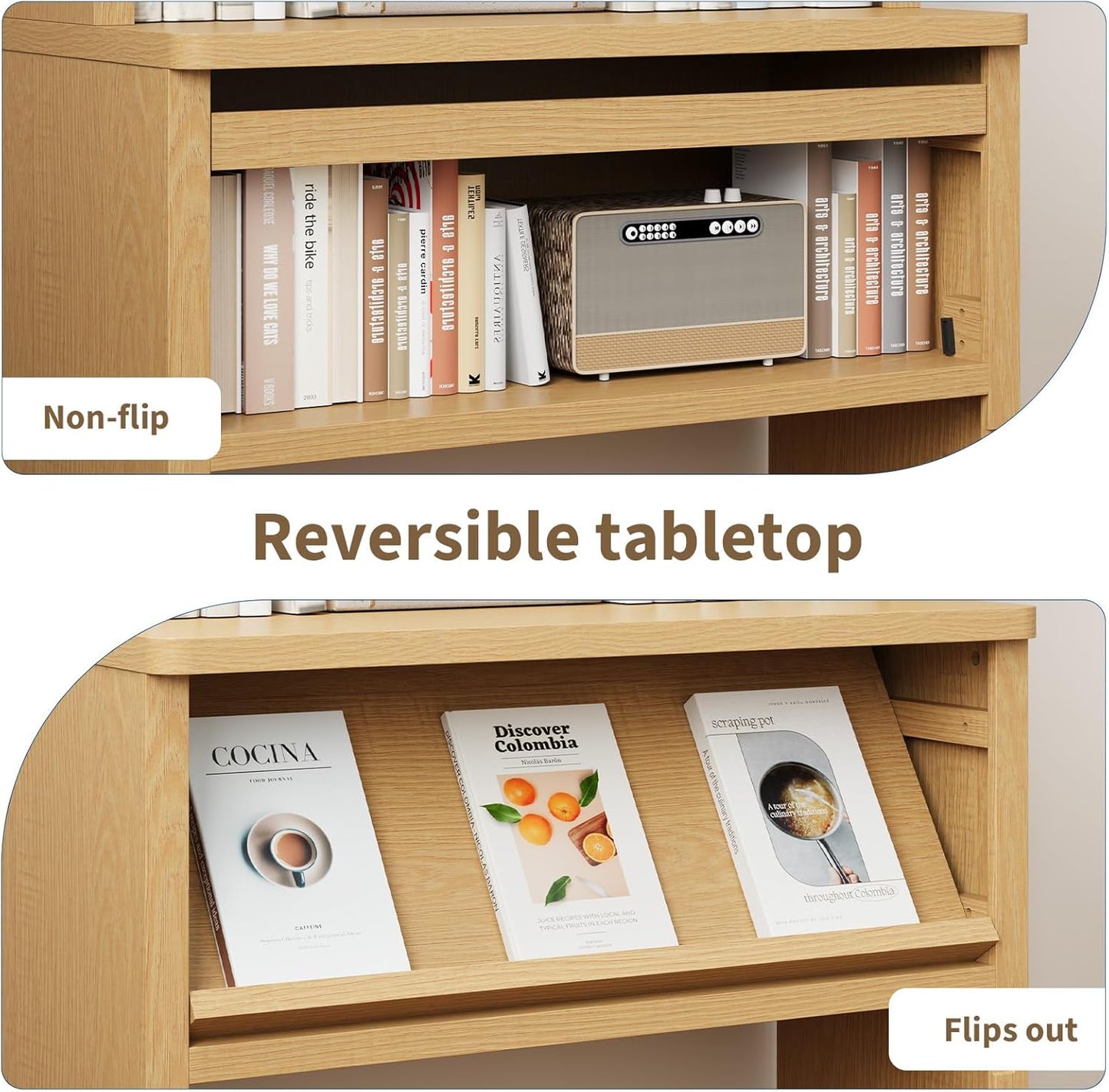 Rresyet 5 Tier Bookcase with Flip-Flop Design, 71" x 37" x 16" Wooden Book Shelf, Extra Bookshelf Storage Organizer, Display Standing Shelf Unit for Home Office, Living Room, Study Room (Wood)