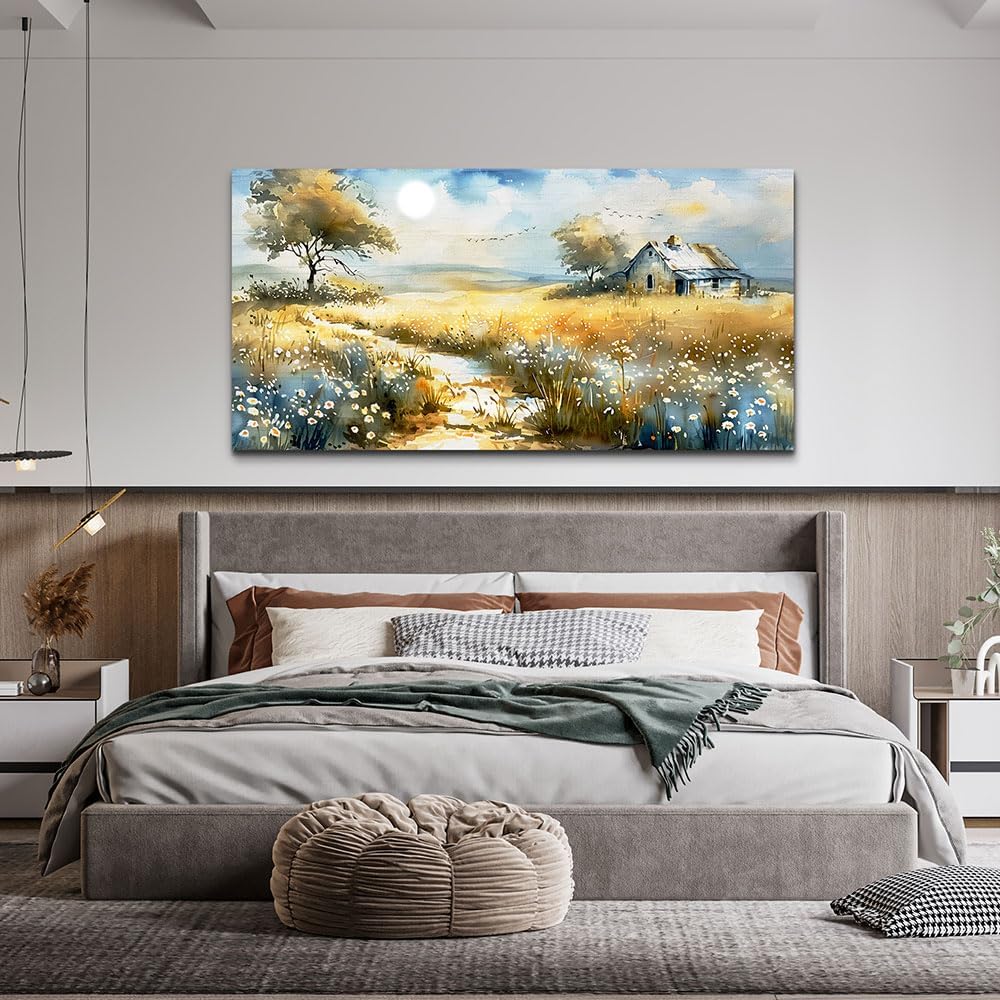 KELIYUAN Wildflower Field Landscape Painting Modern Canvas Print Wall Art Rural Field Mural Artwork Living Room Dining Room Wall Decoation For Bedroom Office Farmhouse Home Decoration 24x48 Inches
