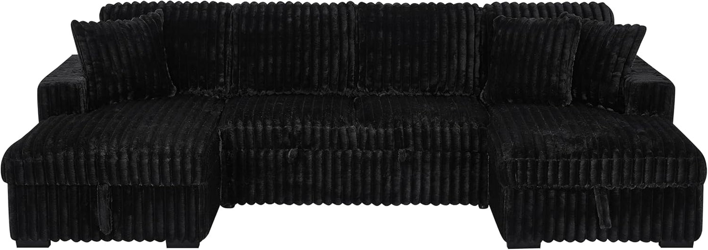 THSUPER Oversized U Shaped Plush Corduroy Fluffy Sectional Sleeper Sofa with Pull Out Bed and Double Storage Chaise for Living Room - Black