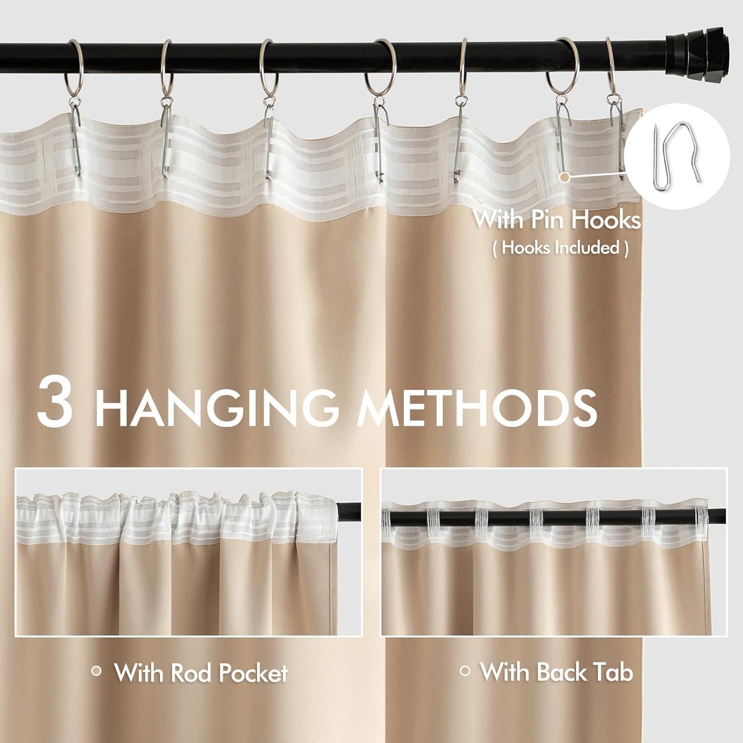 MIULEE Beige Back Tab Blackout Curtains 72 Inch Length 2 Panels Set for Living Room Bedroom Privacy, Rod Pocket/Pinch Pleat Thermal Insulated Room Darkening Pleated Light Blocking Drapes